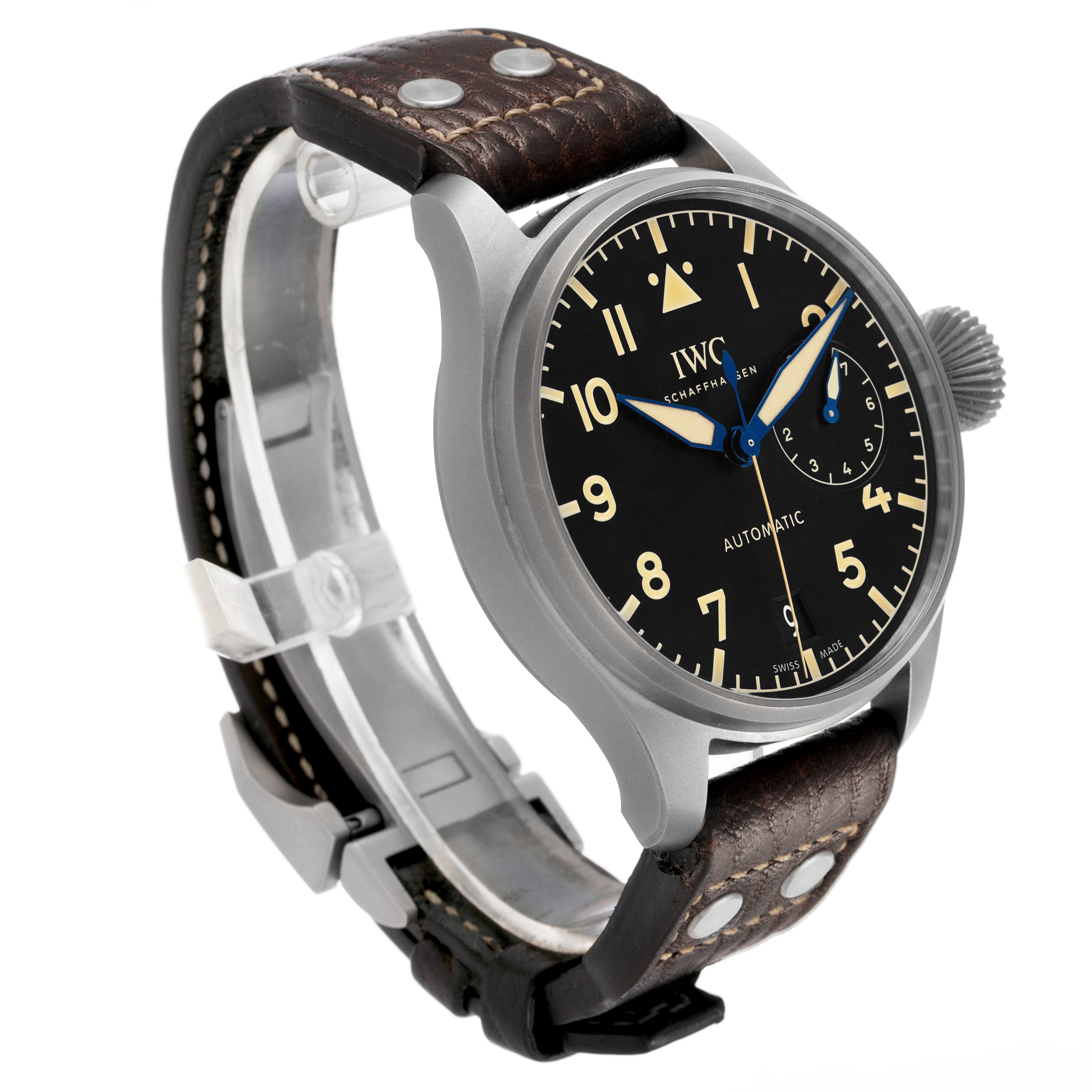 The IWC Pilot IW510301 Men's Titanium Black Dial watch is shown at a slight angle, displaying the face, crown, and leather strap.