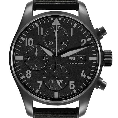 The IWC Pilot IW388106 Men's Ceramic Black Dial model watch is shown from the front, displaying the dial, sub-dials, and side buttons.
