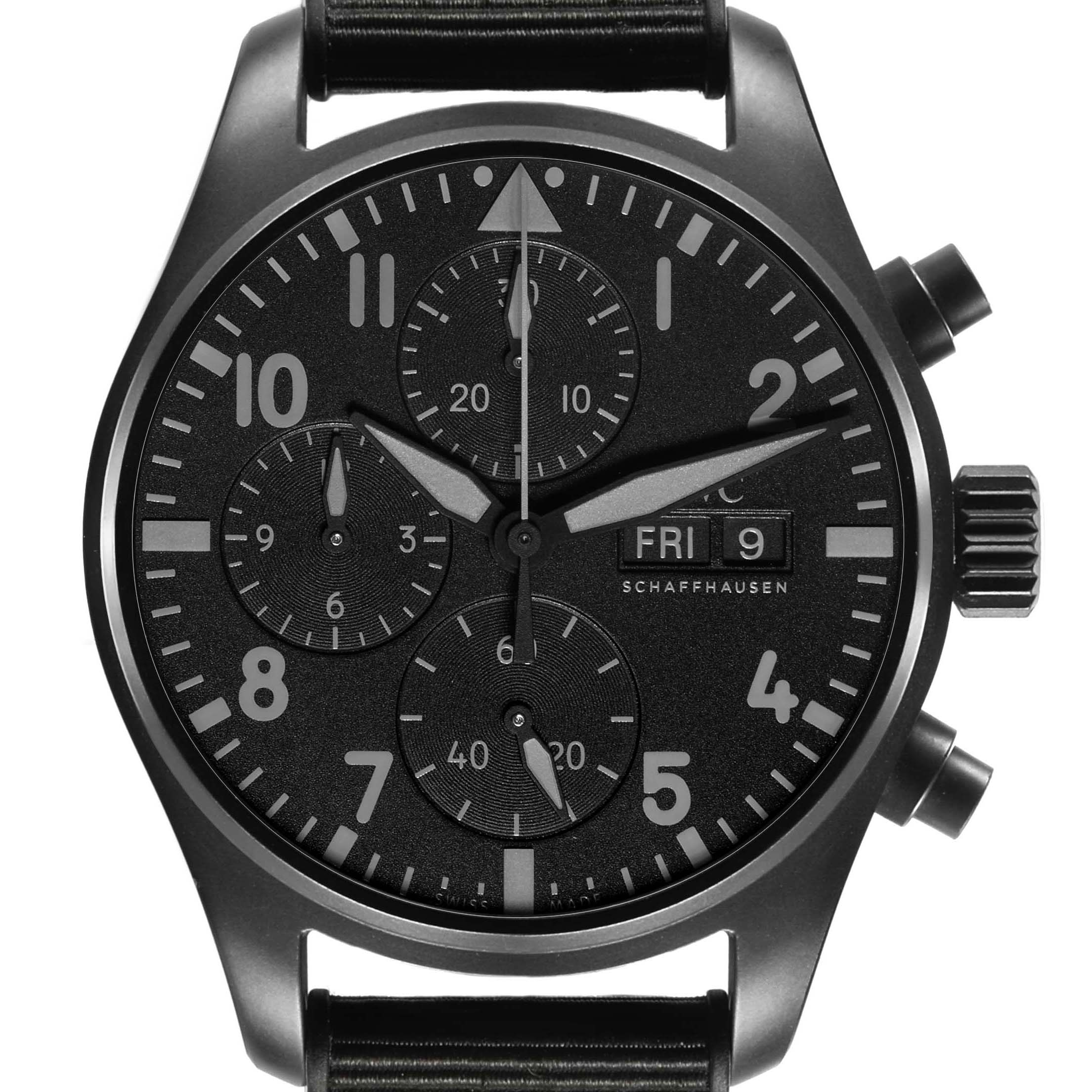 The IWC Pilot IW388106 Men's Ceramic Black Dial model is shown from the front, highlighting the dial, subdials, crown, and pushers.