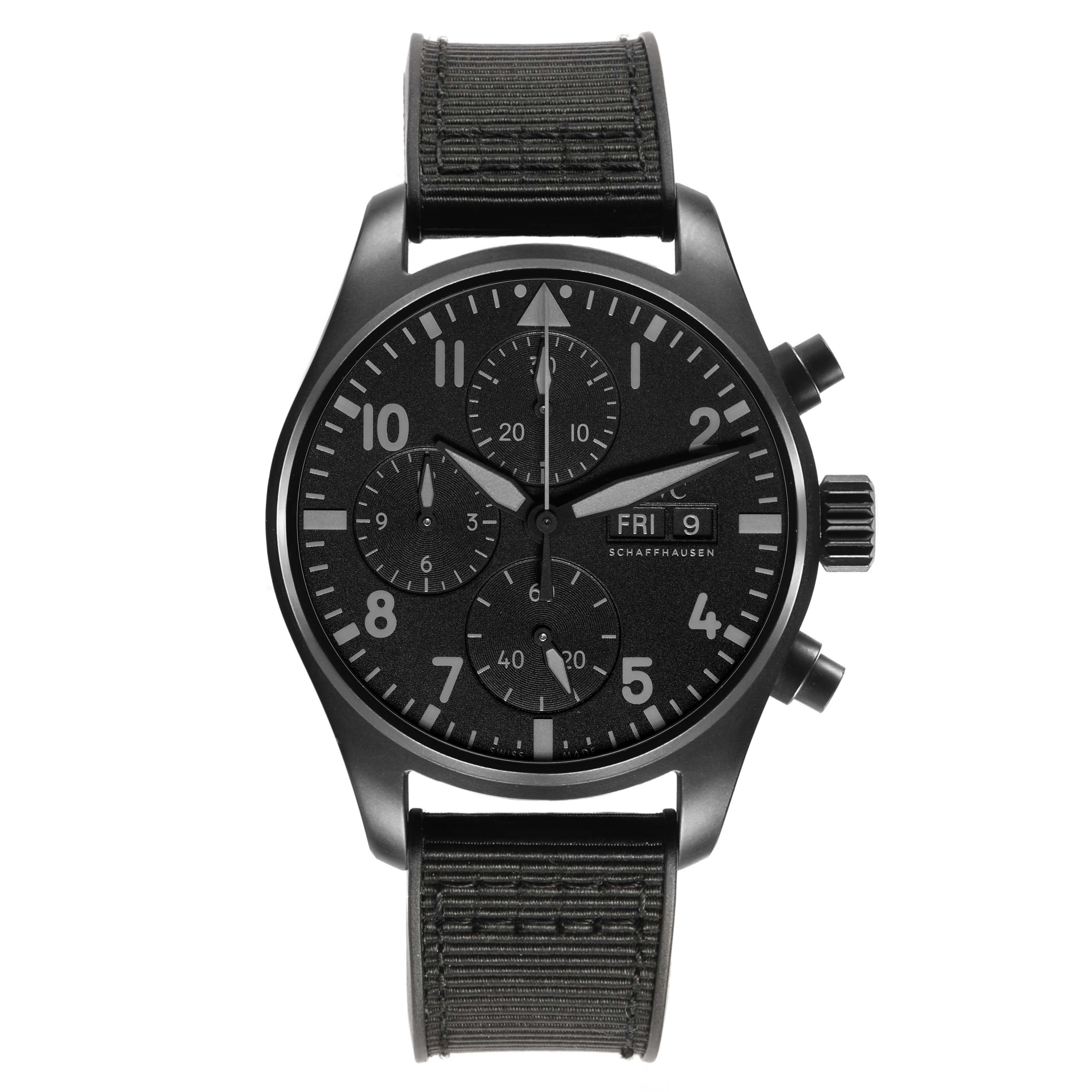 The IWC Pilot IW388106 Men's Ceramic Black Dial watch is shown from a frontal angle, highlighting its face, chronograph sub-dials, pushers, and strap.