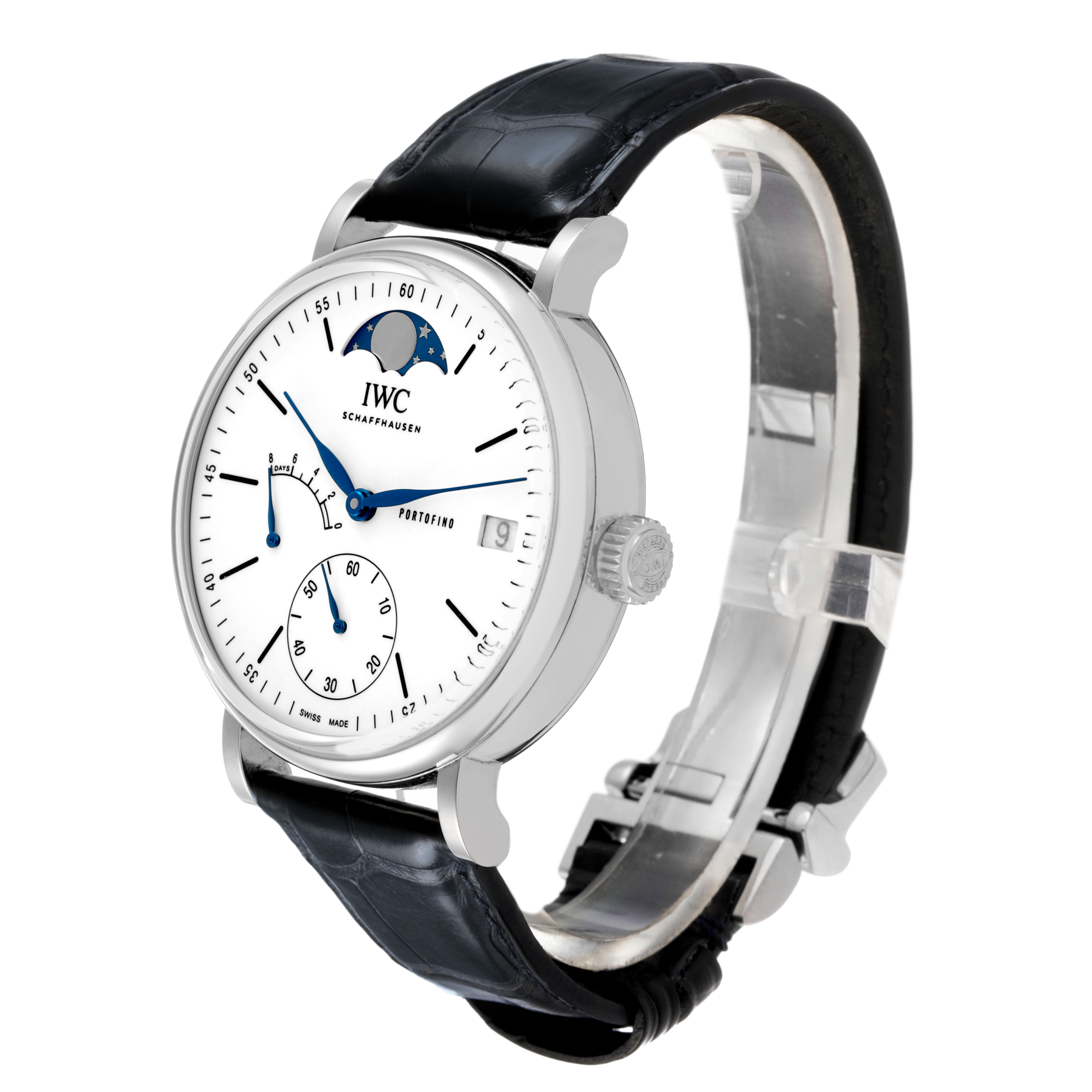 The IWC Portofino IW516406 Men's Stainless Steel White Dial watch is shown from a three-quarter angle, displaying the face, crown, and partially the leather strap.