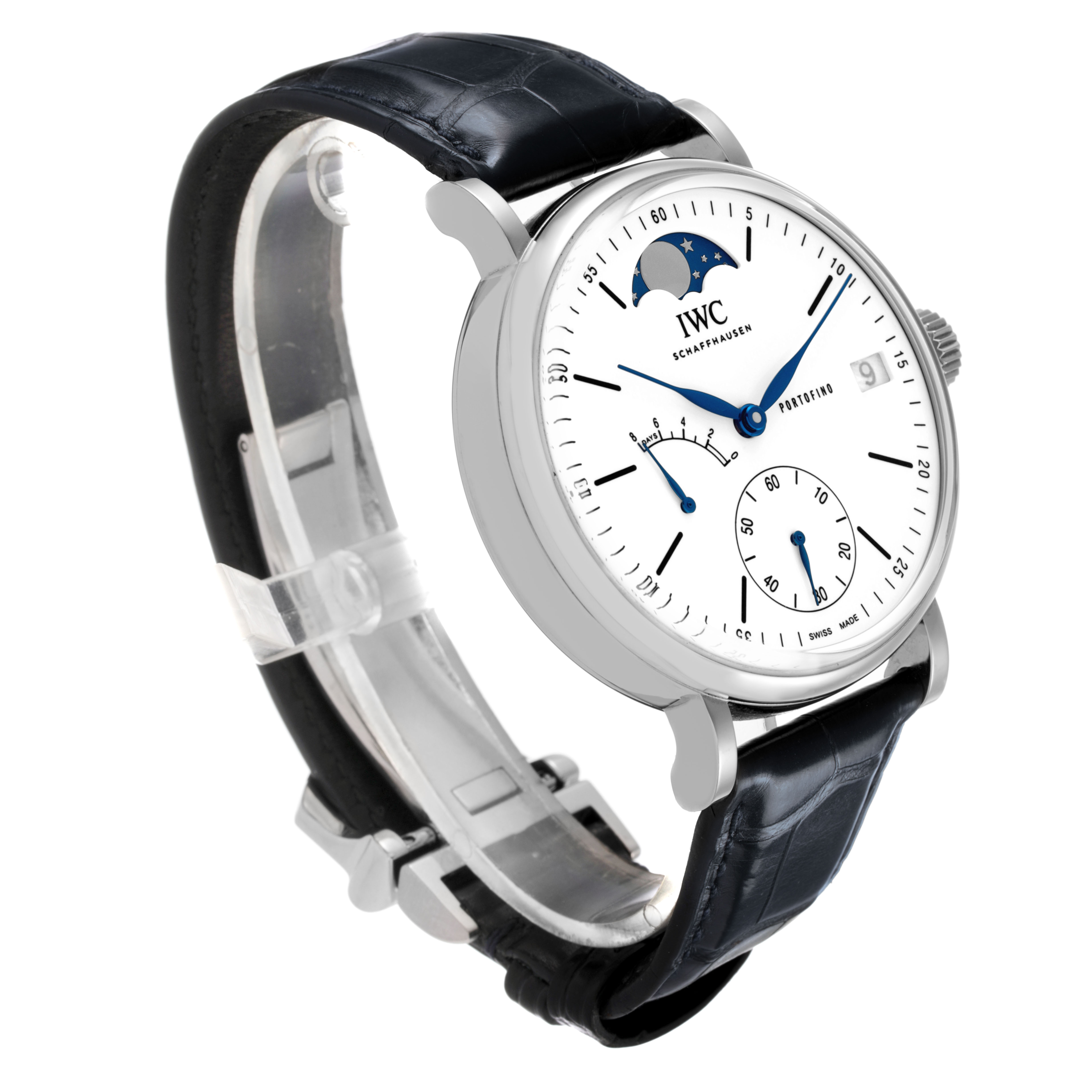 The IWC Portofino IW516406 Men's Stainless Steel White Dial watch is shown at an angled view, highlighting its dial, moon phase, subdials, and leather strap.