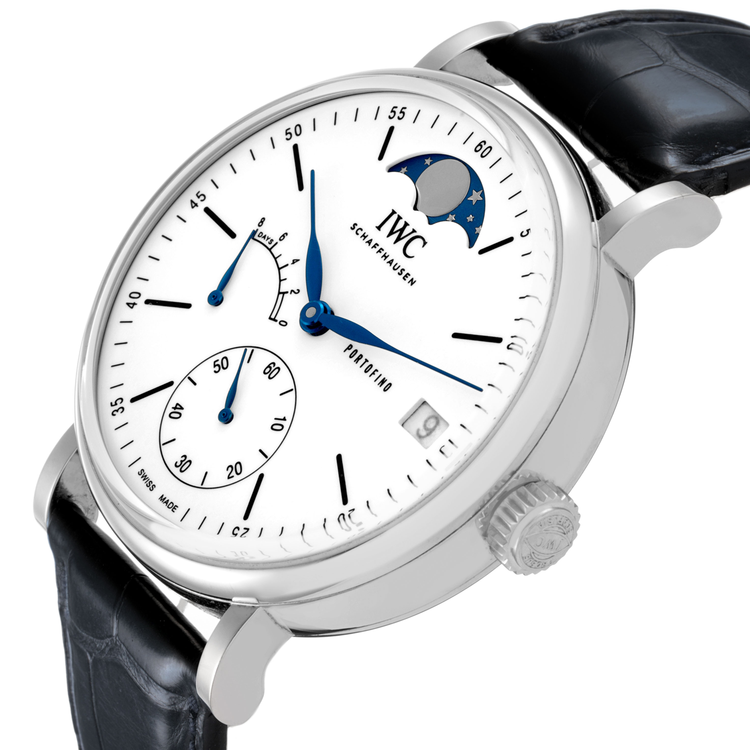 The IWC Portofino IW516406 Men's Stainless Steel White Dial watch is shown at an angled side view highlighting the dial, crown, and strap attachment.