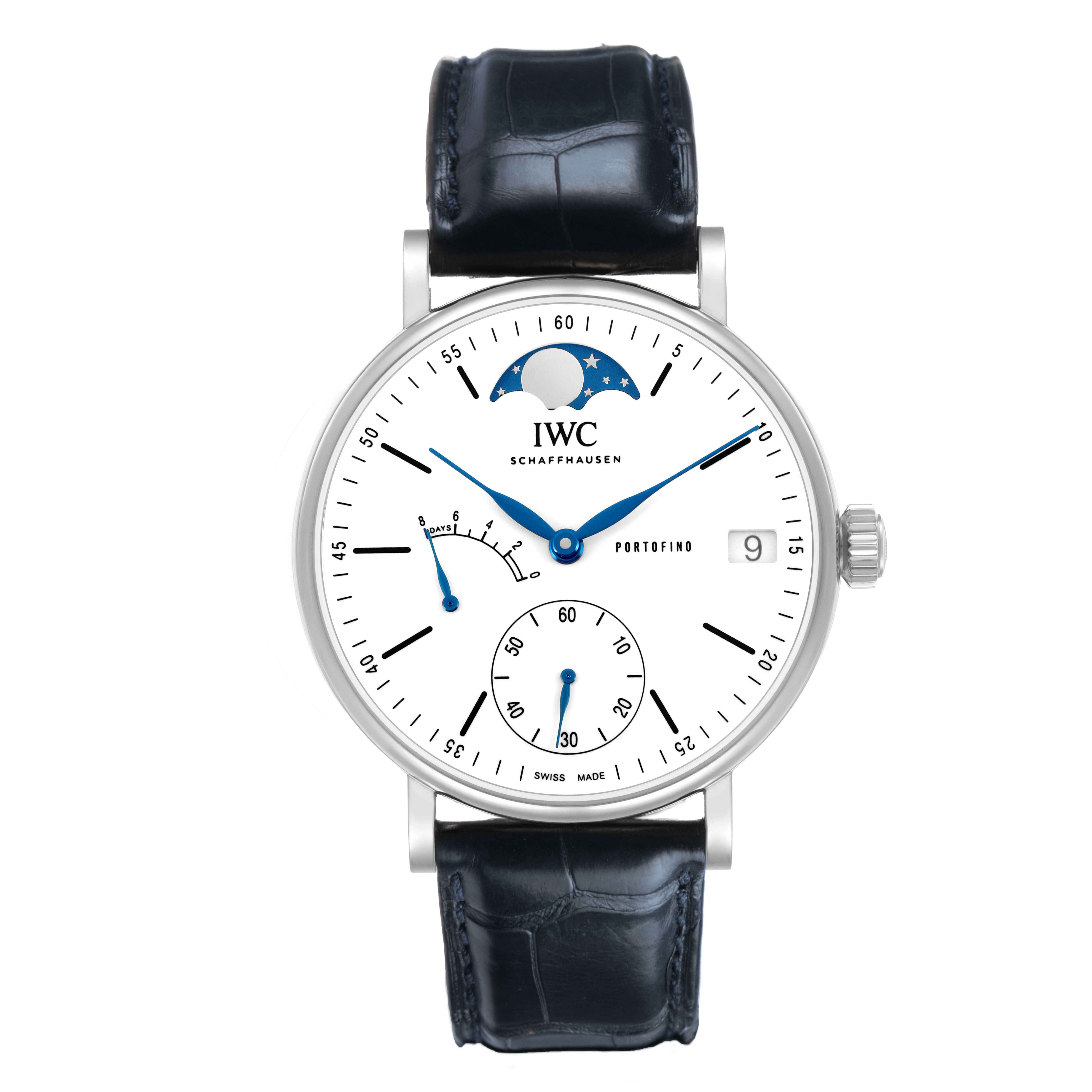 The IWC Portofino IW516406 Men's Stainless Steel White Dial watch is shown from a front angle, displaying its dial, moon phase, and date window.