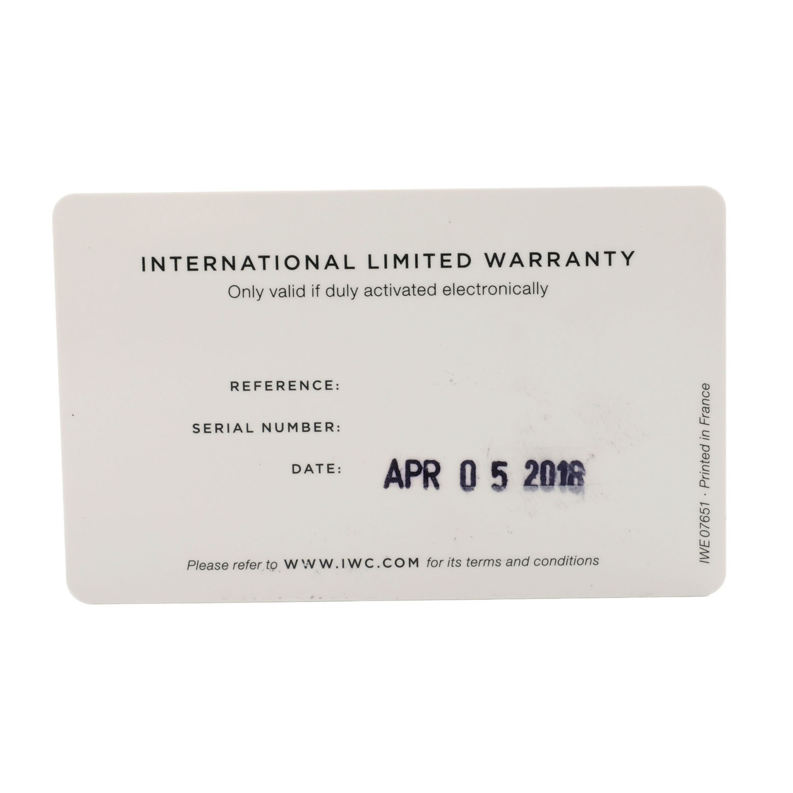 The image shows the international limited warranty card for the IWC Portofino IW516406 Men's Stainless Steel White Dial watch, displaying purchase details.