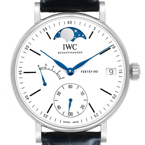 The IWC Portofino IW516406 Men's Stainless Steel White Dial watch is shown from the front, displaying the dial, moon phase, date window, and power reserve indicator.