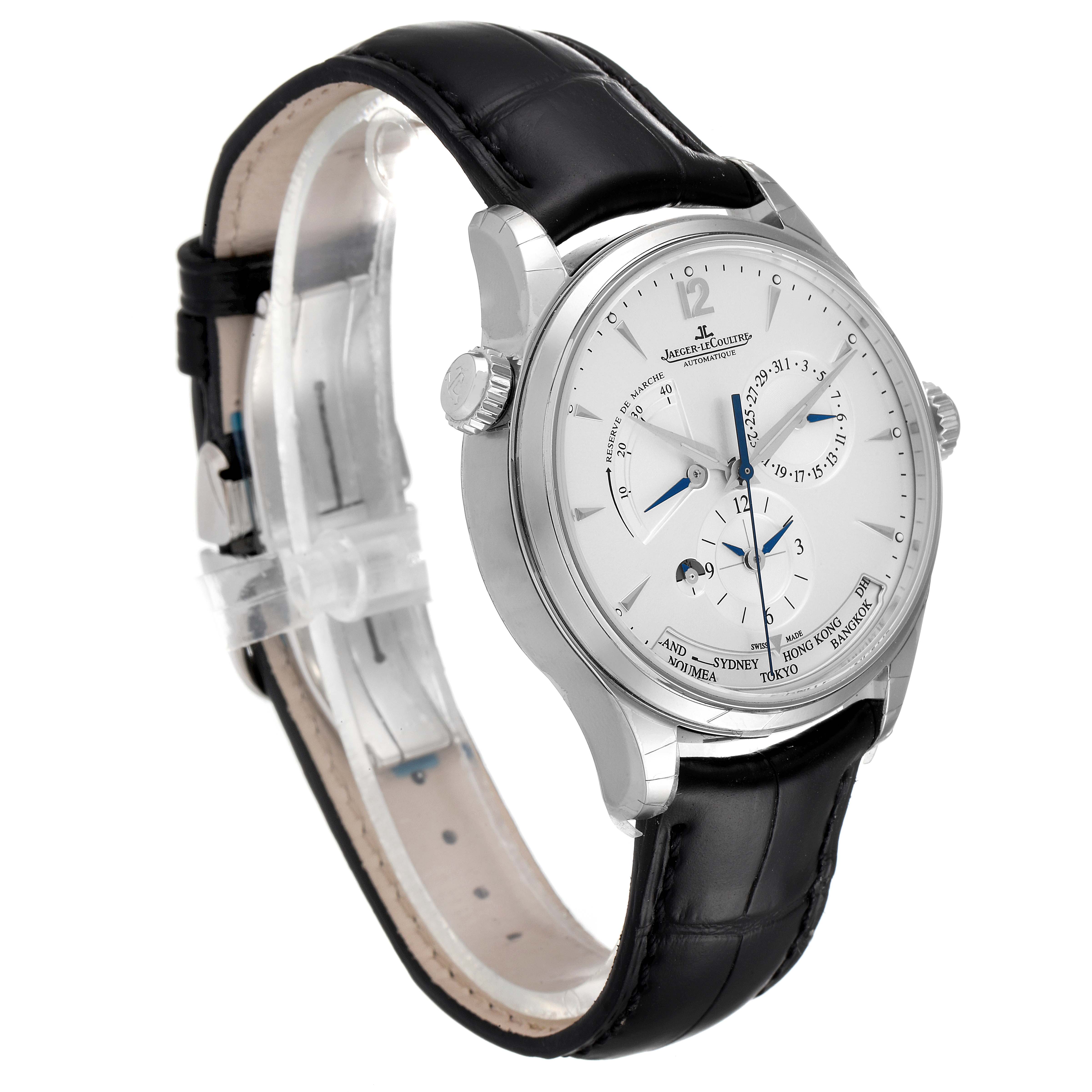 The image shows a Jaeger LeCoultre Master Q1428421 Men's Stainless Steel Silver Dial Q1428421 Men's Stainless Steel Silver Dial model watch at a slight angle, highlighting its dial, case, and black leather strap.