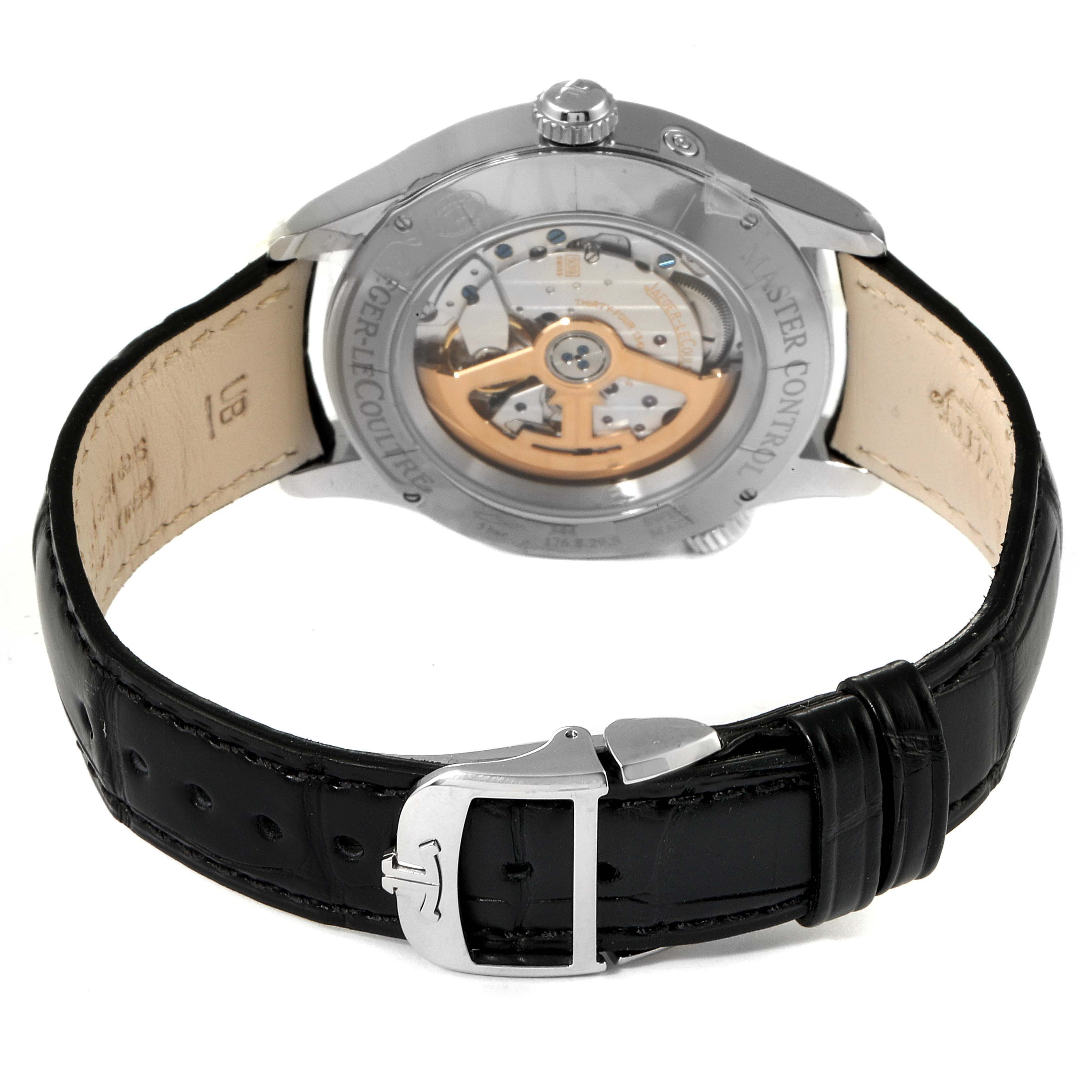 This image shows a rear view of the Jaeger LeCoultre Master Q1428421 Men's Stainless Steel Silver Dial Q1428421 Men's Stainless Steel Silver Dial model watch, featuring the back case and black leather strap.