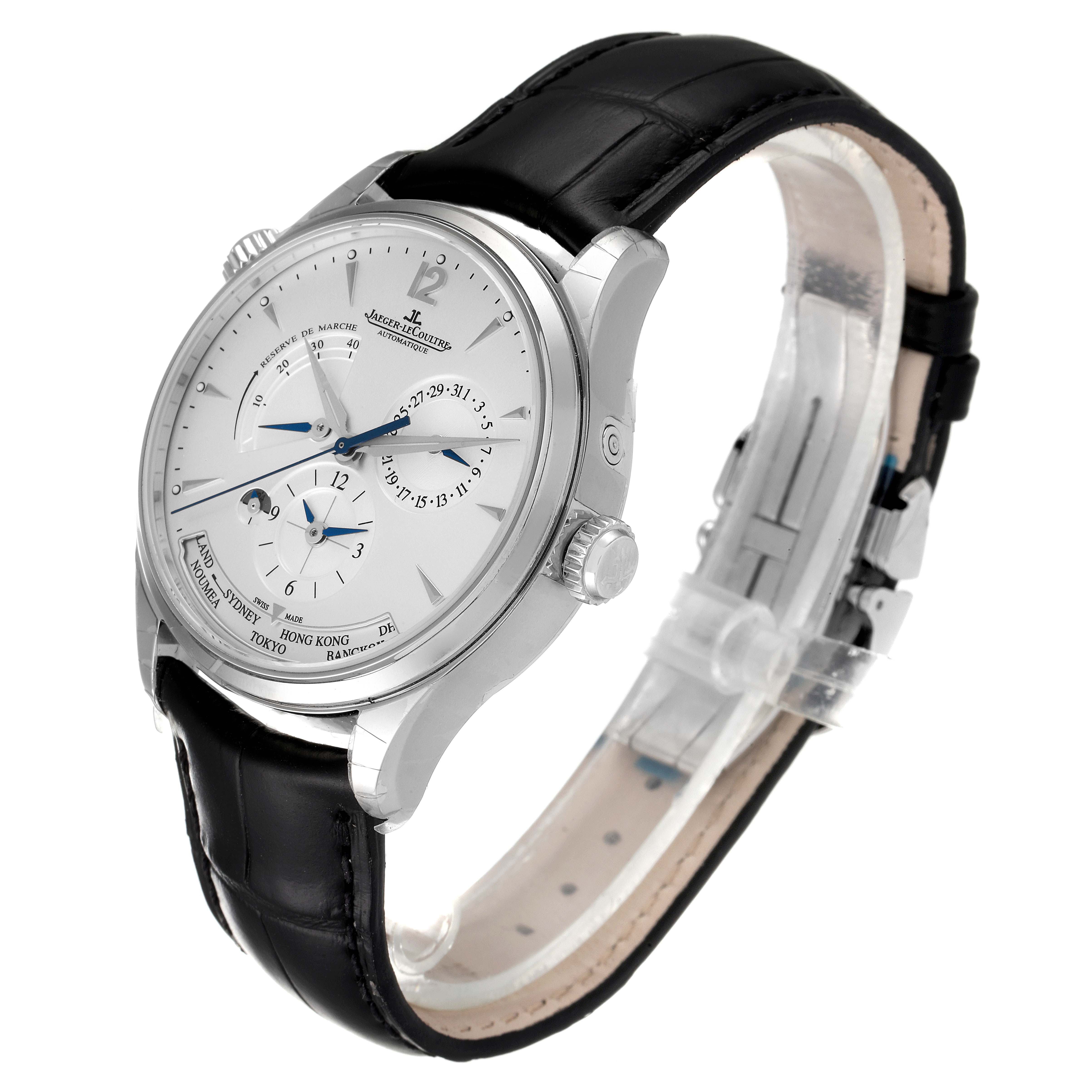 The Jaeger LeCoultre Master Q1428421 Men's Stainless Steel Silver Dial Q1428421 Men's Stainless Steel Silver Dial model watch is shown from a front angle, highlighting its dial, case, and black leather strap.