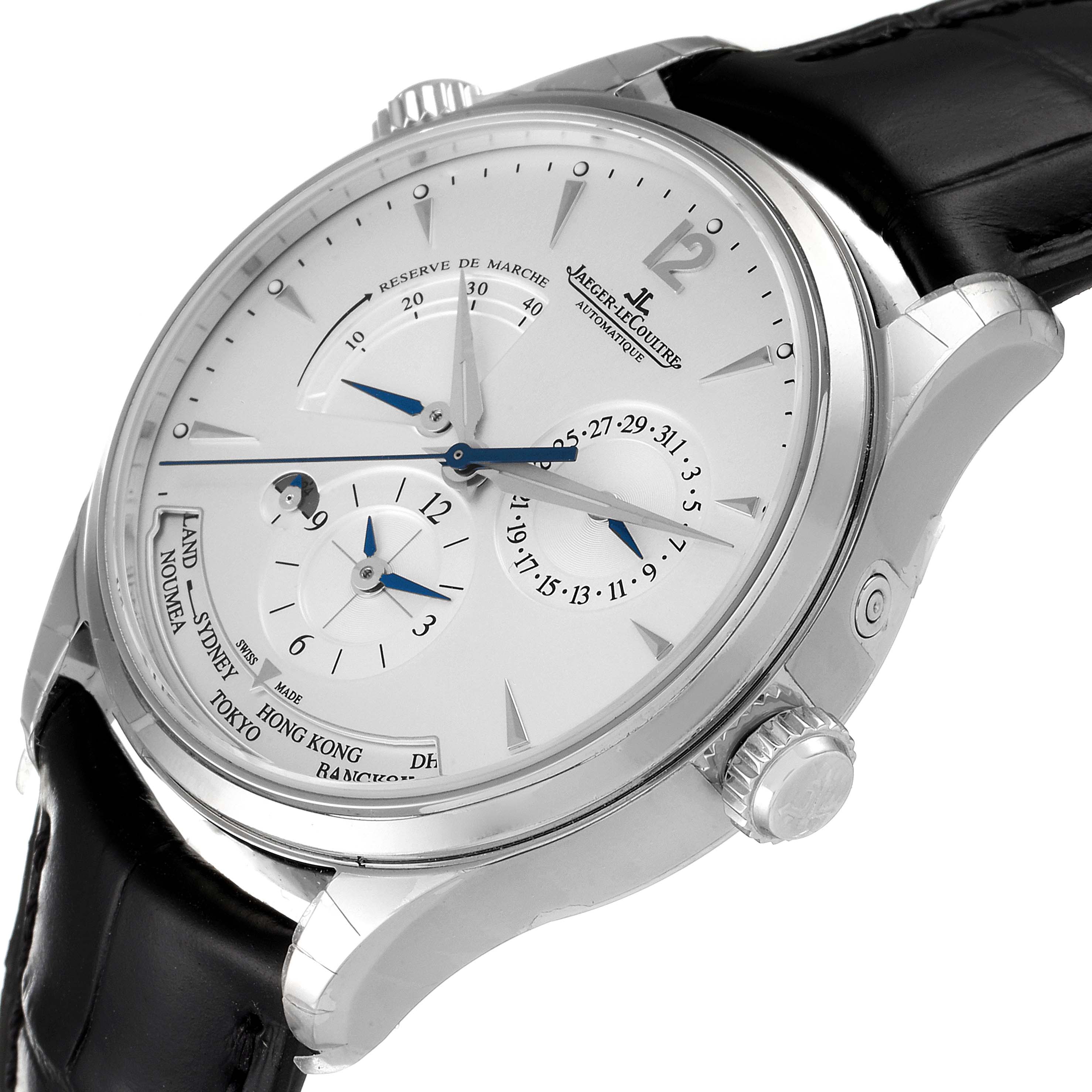 The image shows a Jaeger LeCoultre Master Q1428421 Men's Stainless Steel Silver Dial Q1428421 Men's Stainless Steel Silver Dial model watch from a three-quarter angle, displaying the dial, crown, and leather strap.