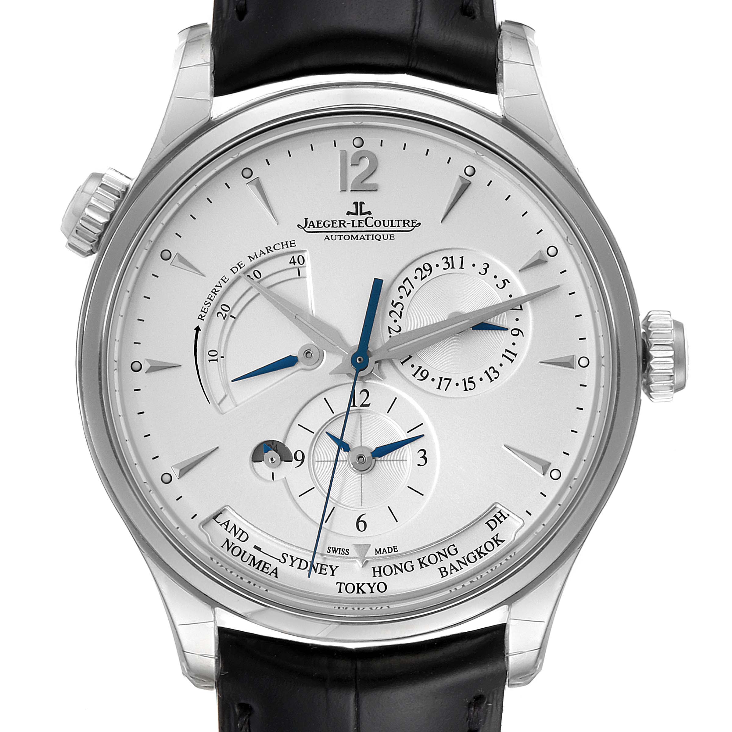The Jaeger LeCoultre Master Q1428421 Men's Stainless Steel Silver Dial Q1428421 Men's Stainless Steel Silver Dial model watch is shown from the front angle, highlighting its dial, hands, sub-dials, case, and leather strap.