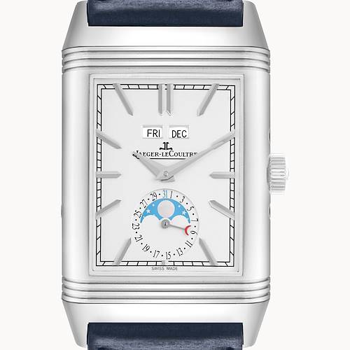 The Jaeger LeCoultre Reverso Q3918420 / 216.8.D3 Men's Stainless Steel Silver Dial watch is shown from a front angle, highlighting its dial, hands, calendar, and moon phase.