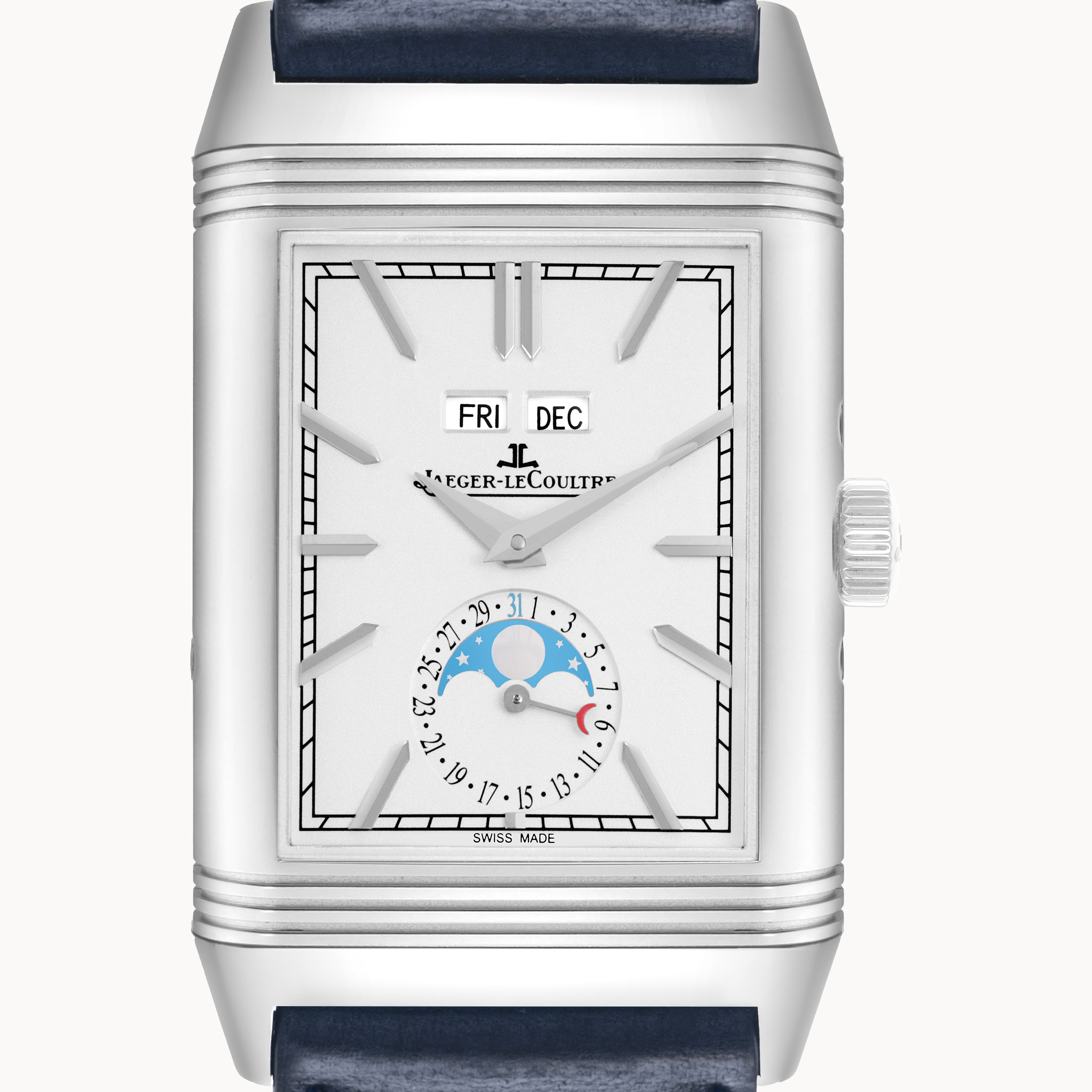The Jaeger-LeCoultre Reverso watch is shown from a front angle, displaying the face with date and moon phase complications.