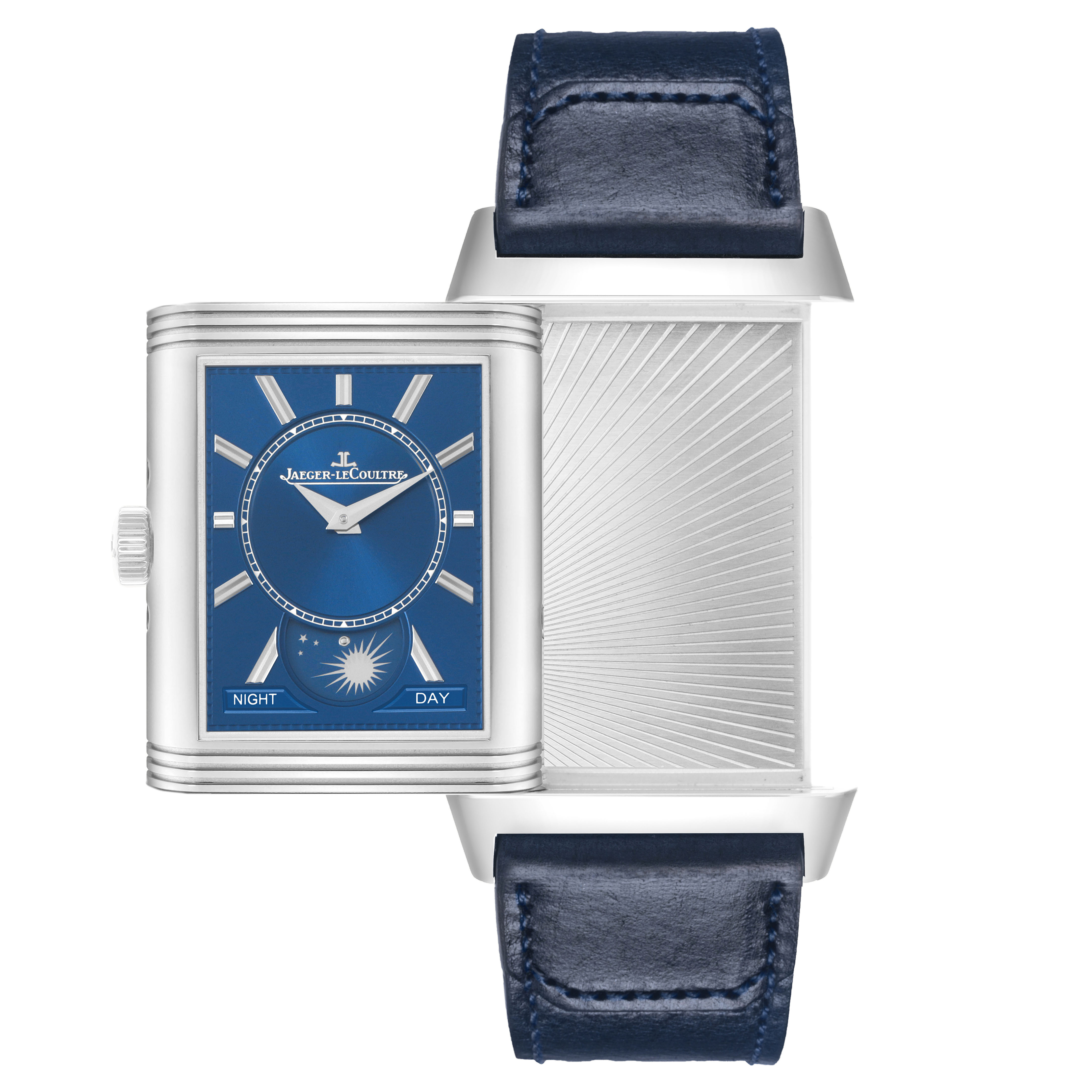 The Jaeger LeCoultre Reverso Q3918420 / 216.8.D3 Men's Stainless Steel Silver Dial watch is shown at an angle displaying both the blue front dial and the back side with a textured design.