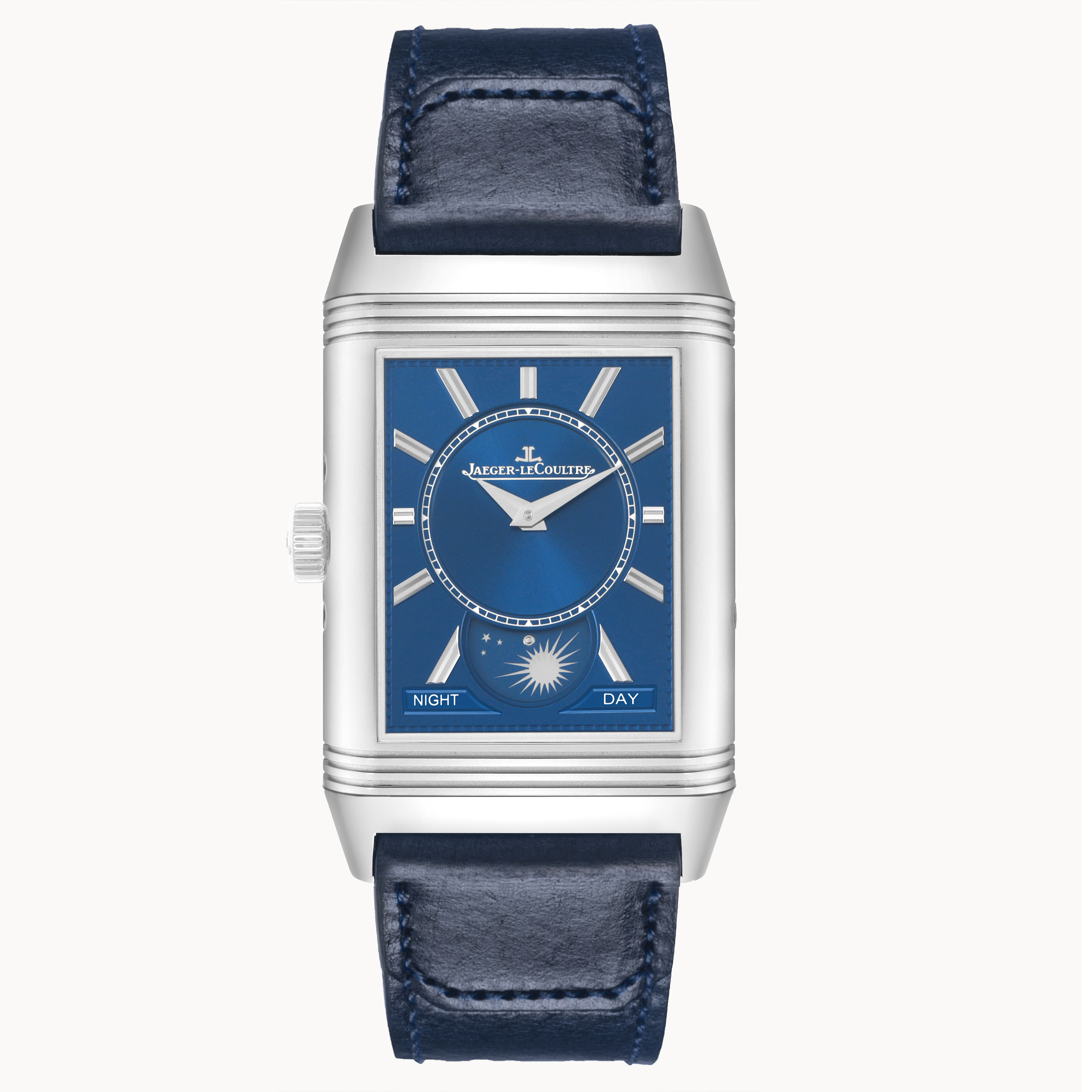 The Jaeger LeCoultre Reverso Q3918420 / 216.8.D3 Men's Stainless Steel Silver Dial watch is shown from a front angle, highlighting its blue dial, rectangular case, and leather strap.