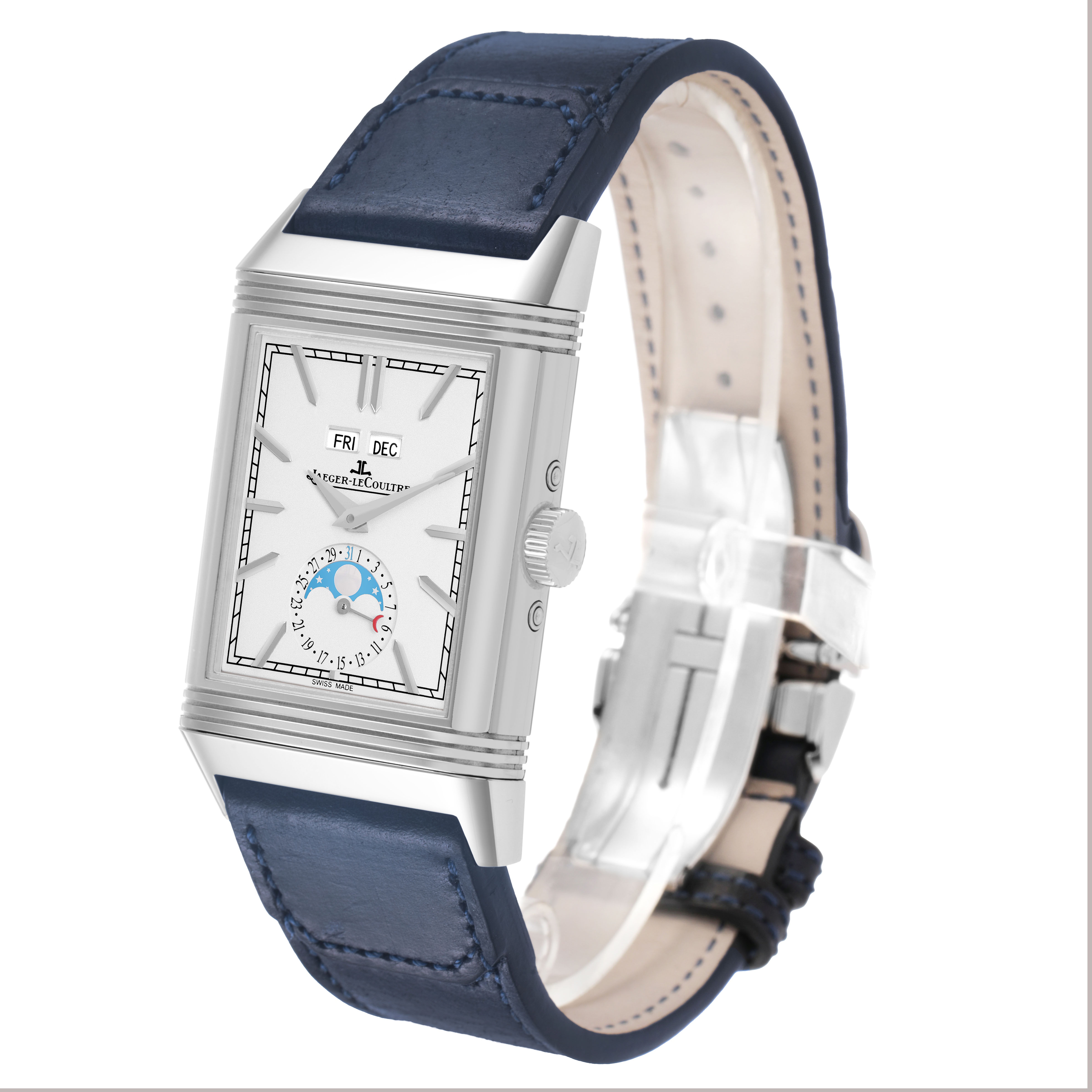 The Jaeger-LeCoultre Reverso watch is shown at a three-quarter angle, displaying the face, crown, and blue leather strap.