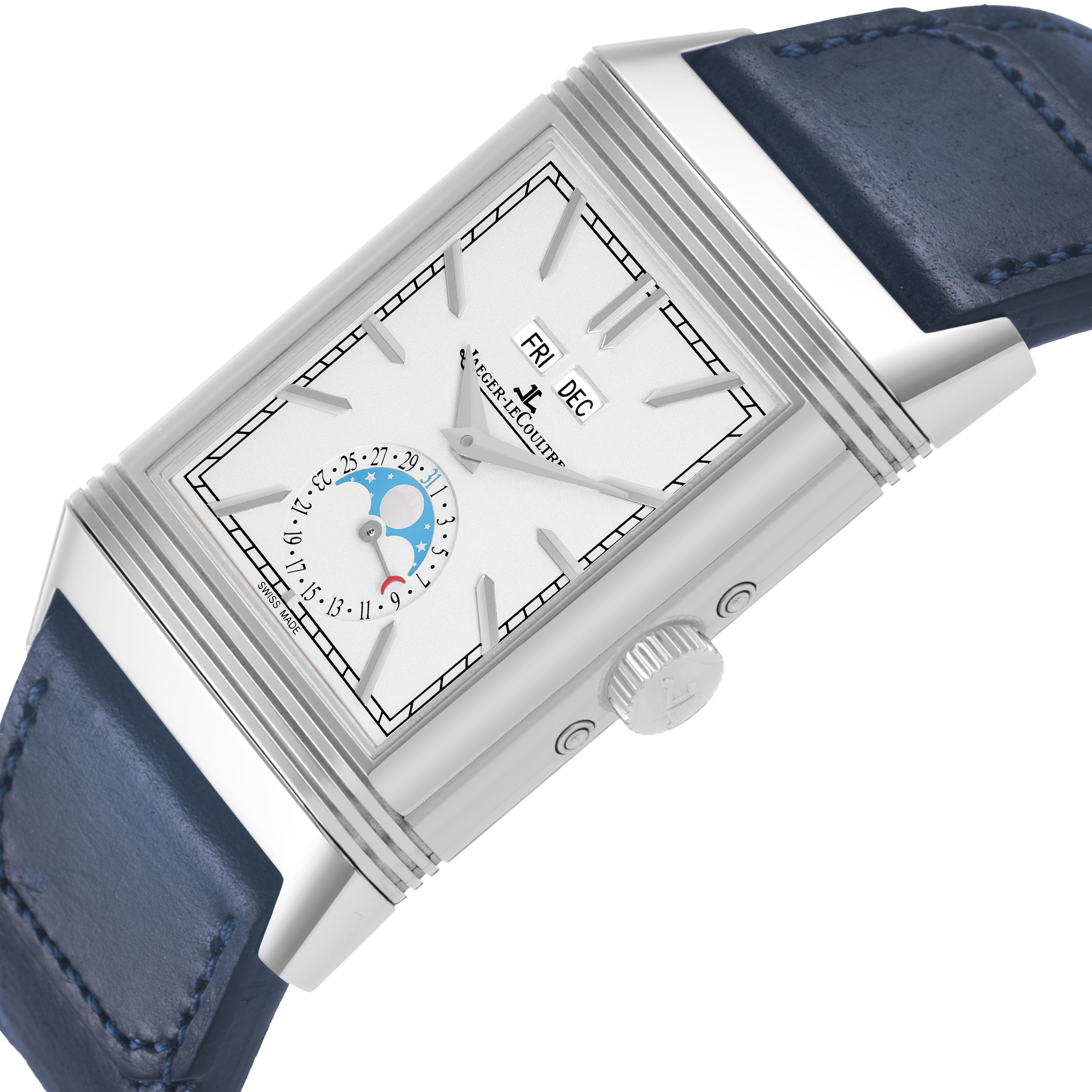 The Jaeger-LeCoultre Reverso watch is shown from an angled side view, displaying the face, crown, and partial strap.