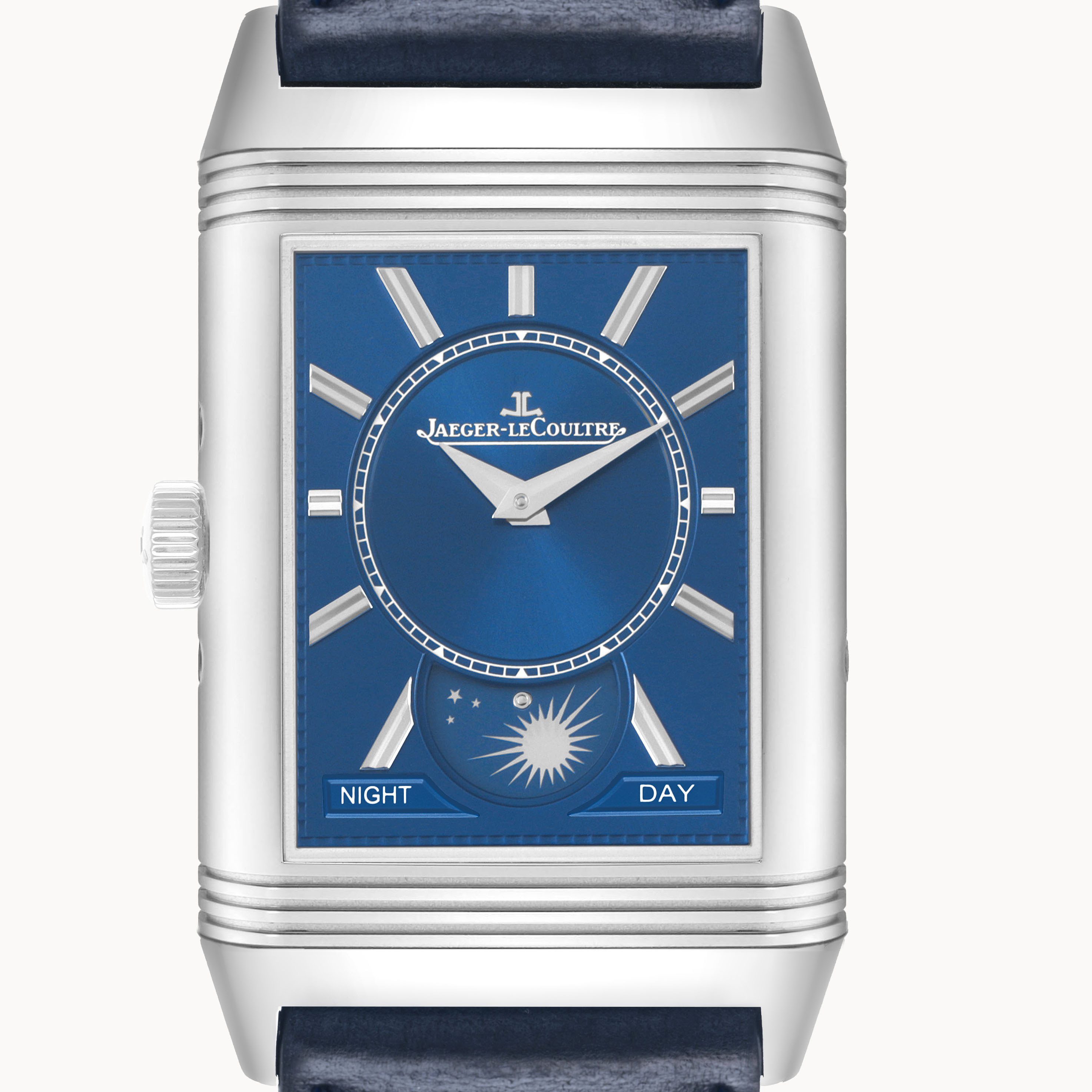The Jaeger-LeCoultre Reverso watch is shown from the front, highlighting the blue dial and day-night indicator.