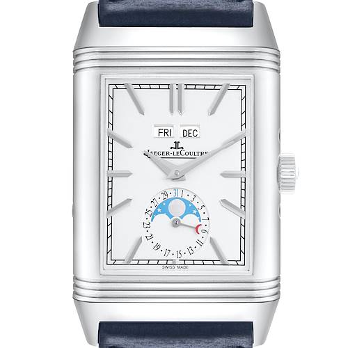 The Jaeger-LeCoultre Reverso watch is shown from the front, displaying the face, day and month windows, and moon phase indicator.
