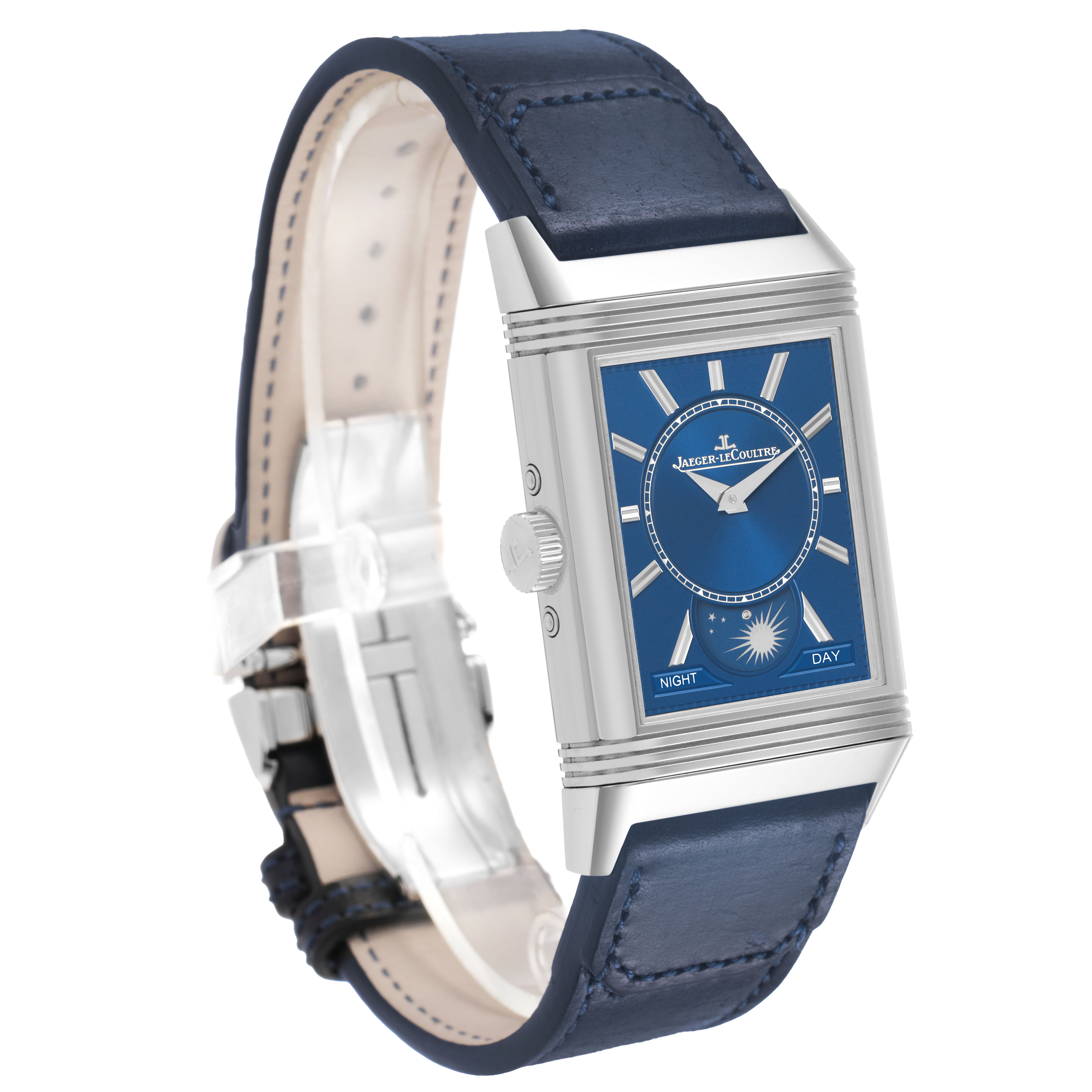 The Jaeger LeCoultre Reverso Q3918420 / 216.8.D3 Men's Stainless Steel Silver Dial watch is shown at a three-quarter angle, displaying the face, strap, crown, and clasp.