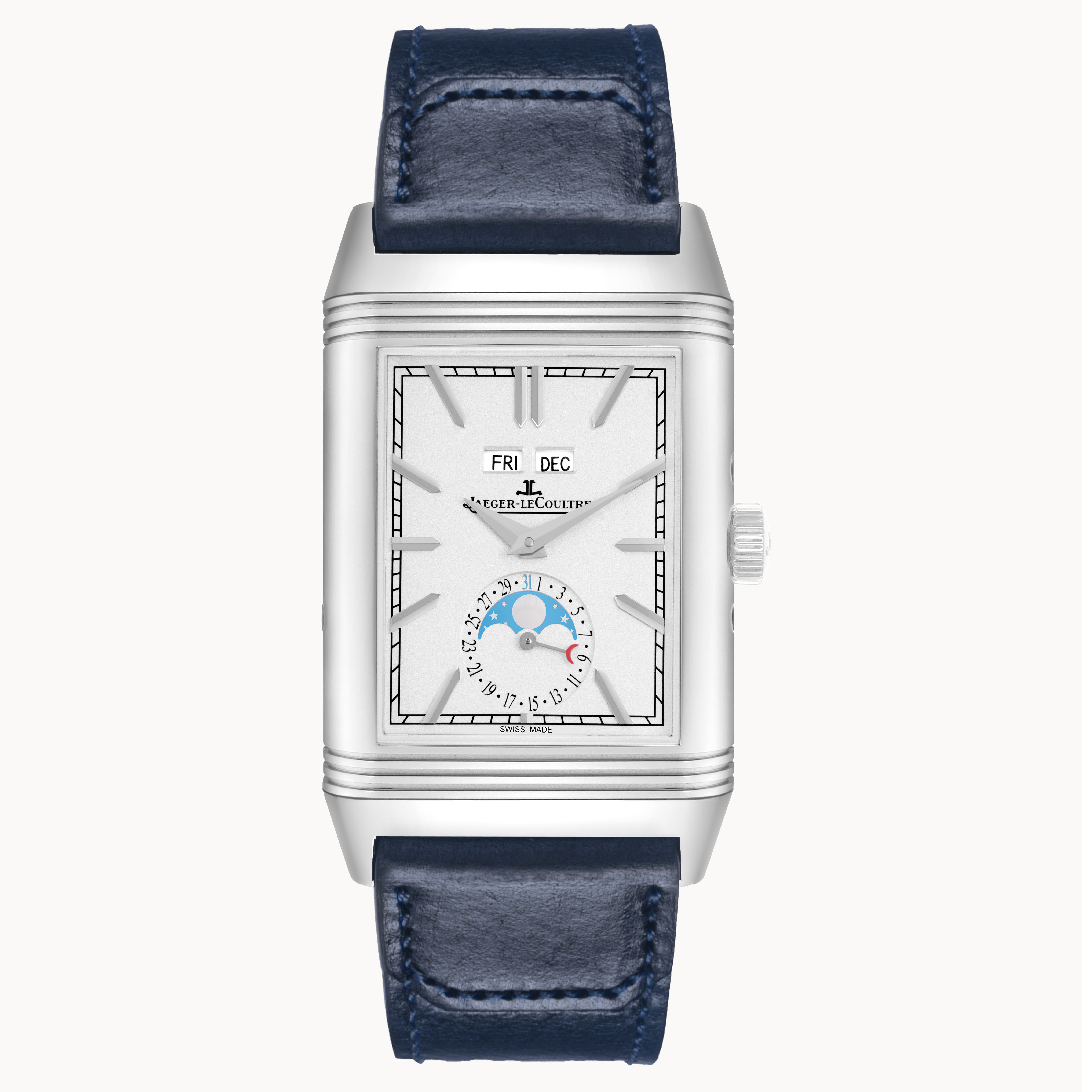 The Jaeger-LeCoultre Reverso watch is shown from the front, highlighting the dial, case, and blue leather strap.