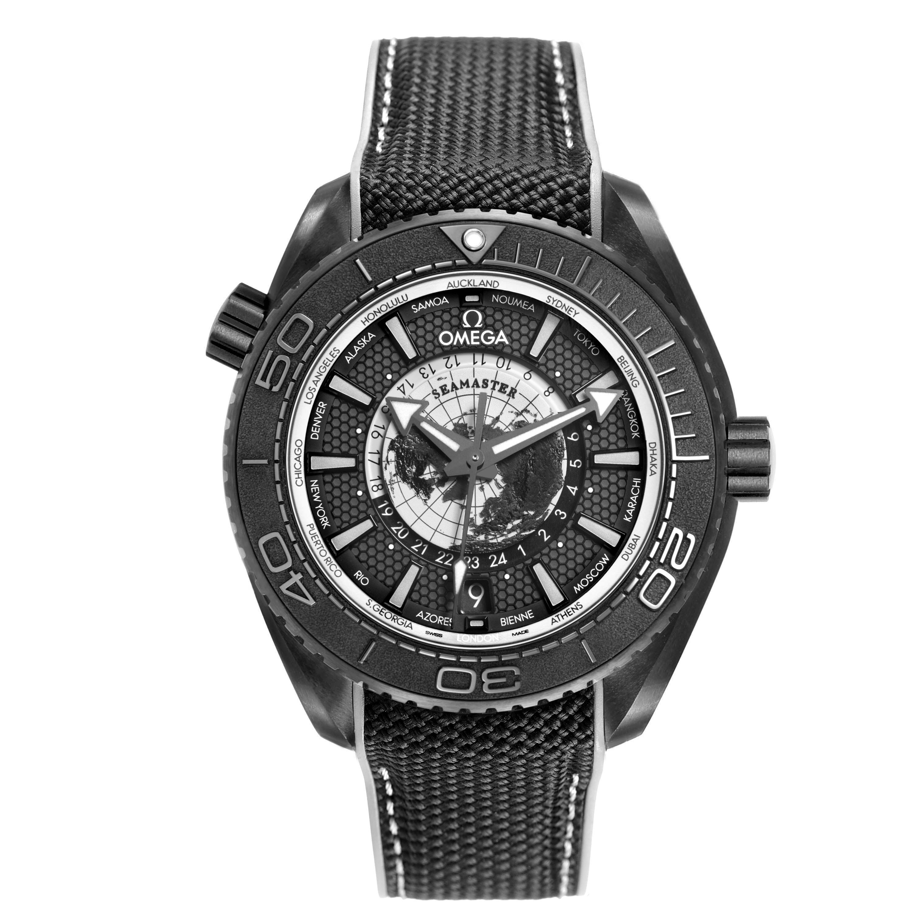 The Omega Planet Ocean 215.92.46.22.01.007 Men's Ceramic Black Dial watch is shown from a front angle, highlighting its dial, bezel, and strap.
