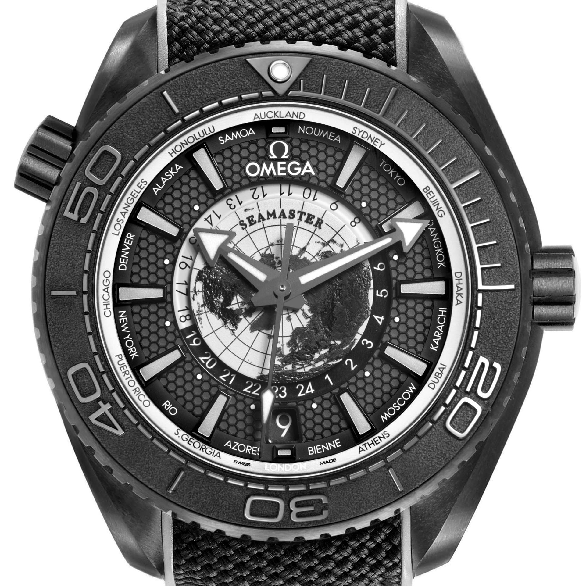 The Omega Planet Ocean 215.92.46.22.01.007 Men's Ceramic Black Dial watch is shown head-on, highlighting its face, bezel, and crown.
