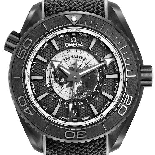 The Omega Planet Ocean 215.92.46.22.01.007 Men's Ceramic Black Dial watch is shown from a direct front angle, highlighting the face, bezel, and strap details.