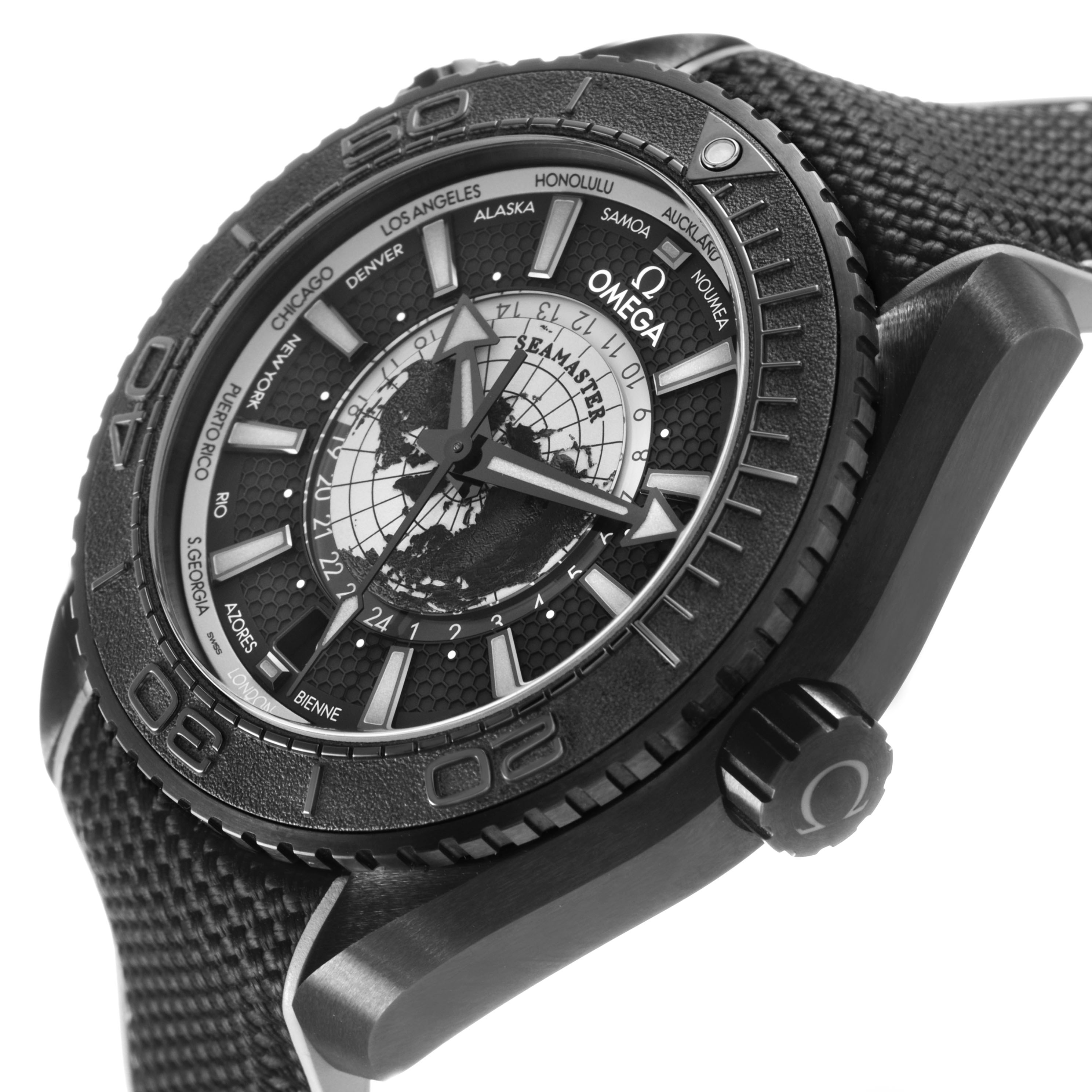 The Omega Planet Ocean 215.92.46.22.01.007 Men's Ceramic Black Dial watch is shown at an angled side view, highlighting the bezel, dial, case, and crown.