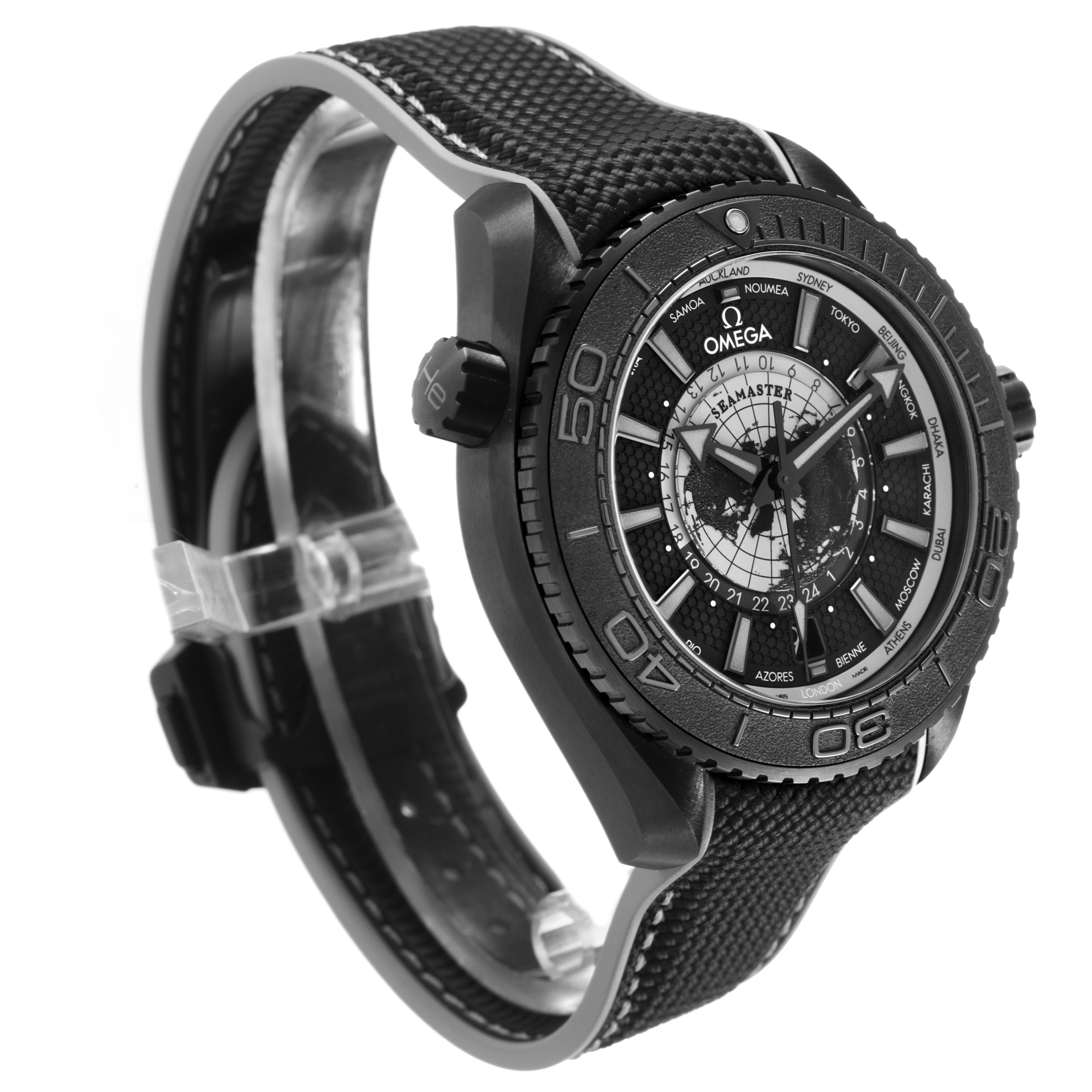 The Omega Planet Ocean 215.92.46.22.01.007 Men's Ceramic Black Dial watch is shown at an oblique angle, highlighting its face, bezel, and textured strap.