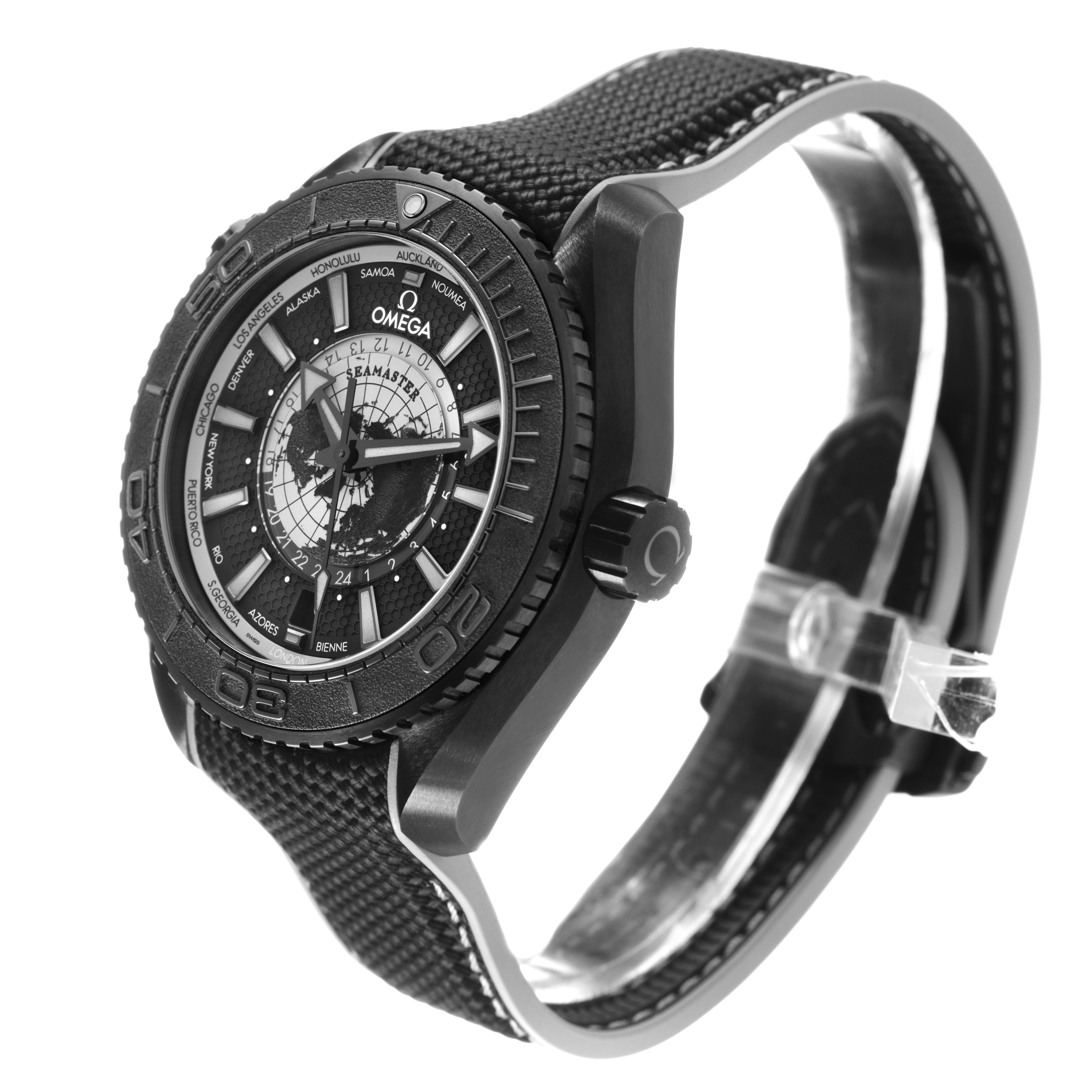 The Omega Planet Ocean 215.92.46.22.01.007 Men's Ceramic Black Dial watch is shown at an angled side view, highlighting the bezel, dial, strap, and crown.