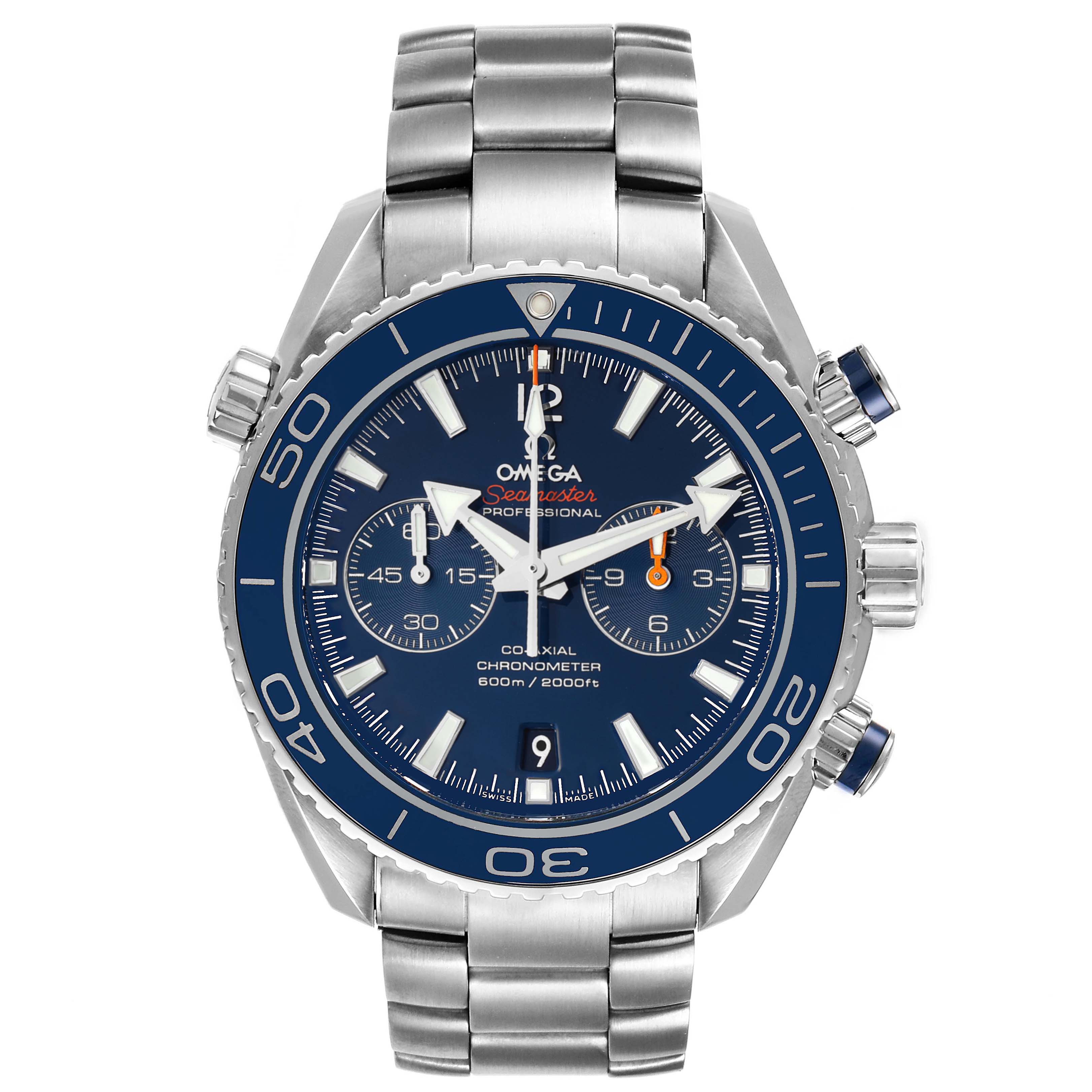 The Omega Planet Ocean 232.90.46.51.03.001 Men's Titanium Blue Dial 232.90.46.51.03.001 Men's Titanium Blue Dial watch is shown from a front angle, highlighting its face, chronograph dials, and metal band.