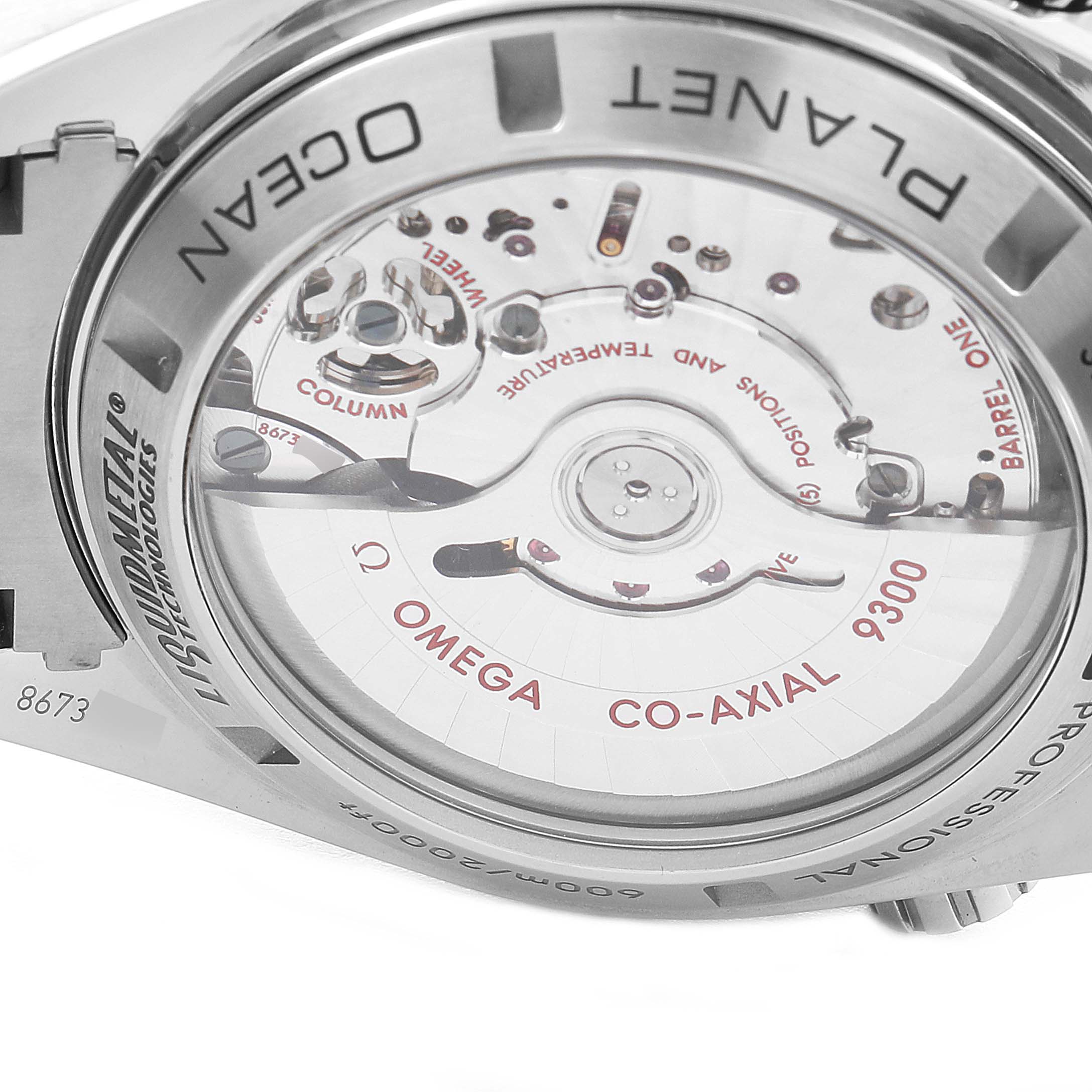 This image shows the back view of the Omega Planet Ocean 232.90.46.51.03.001 Men's Titanium Blue Dial 232.90.46.51.03.001 Men's Titanium Blue Dial watch, highlighting its Omega Co-Axial 9300 movement.