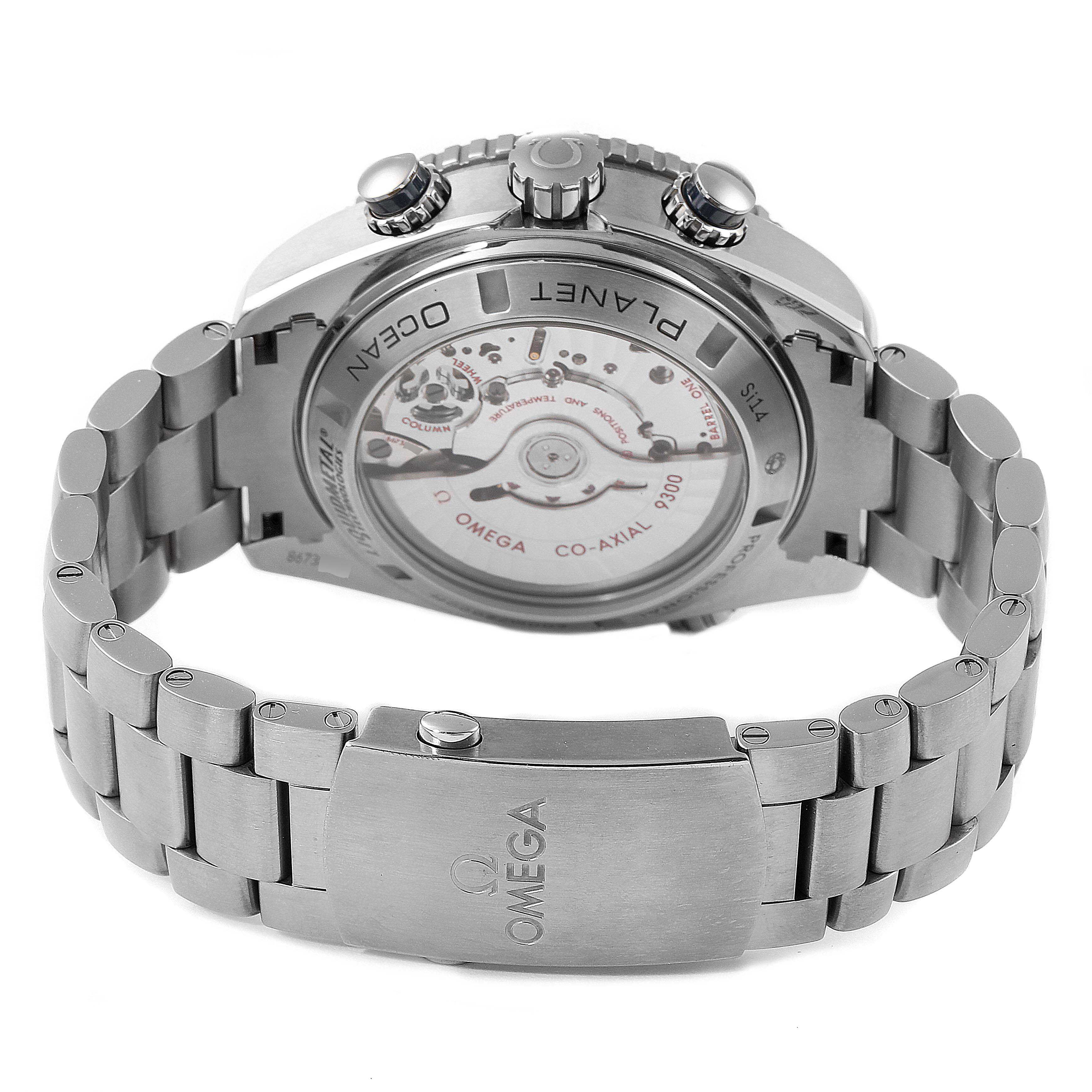 The image shows the back view of an Omega Planet Ocean 232.90.46.51.03.001 Men's Titanium Blue Dial 232.90.46.51.03.001 Men's Titanium Blue Dial watch, highlighting its Co-Axial 9300 movement and stainless steel bracelet.