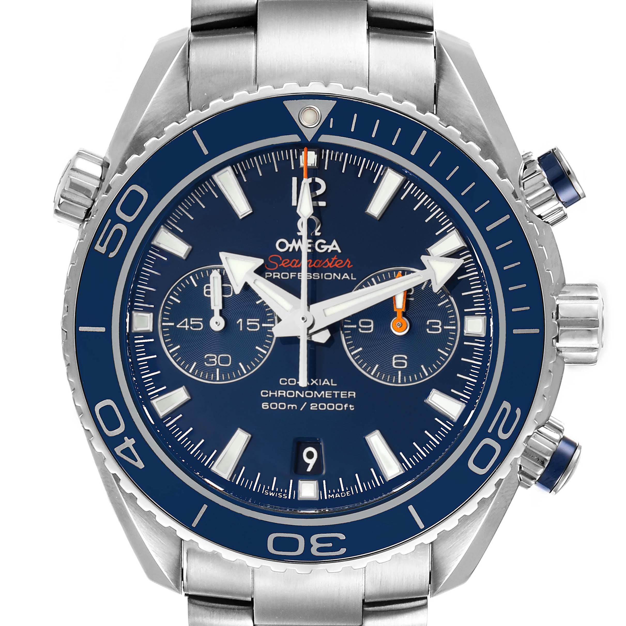 The image shows a front view of an Omega Planet Ocean 232.90.46.51.03.001 Men's Titanium Blue Dial 232.90.46.51.03.001 Men's Titanium Blue Dial model watch, highlighting its face, bezel, and crown.