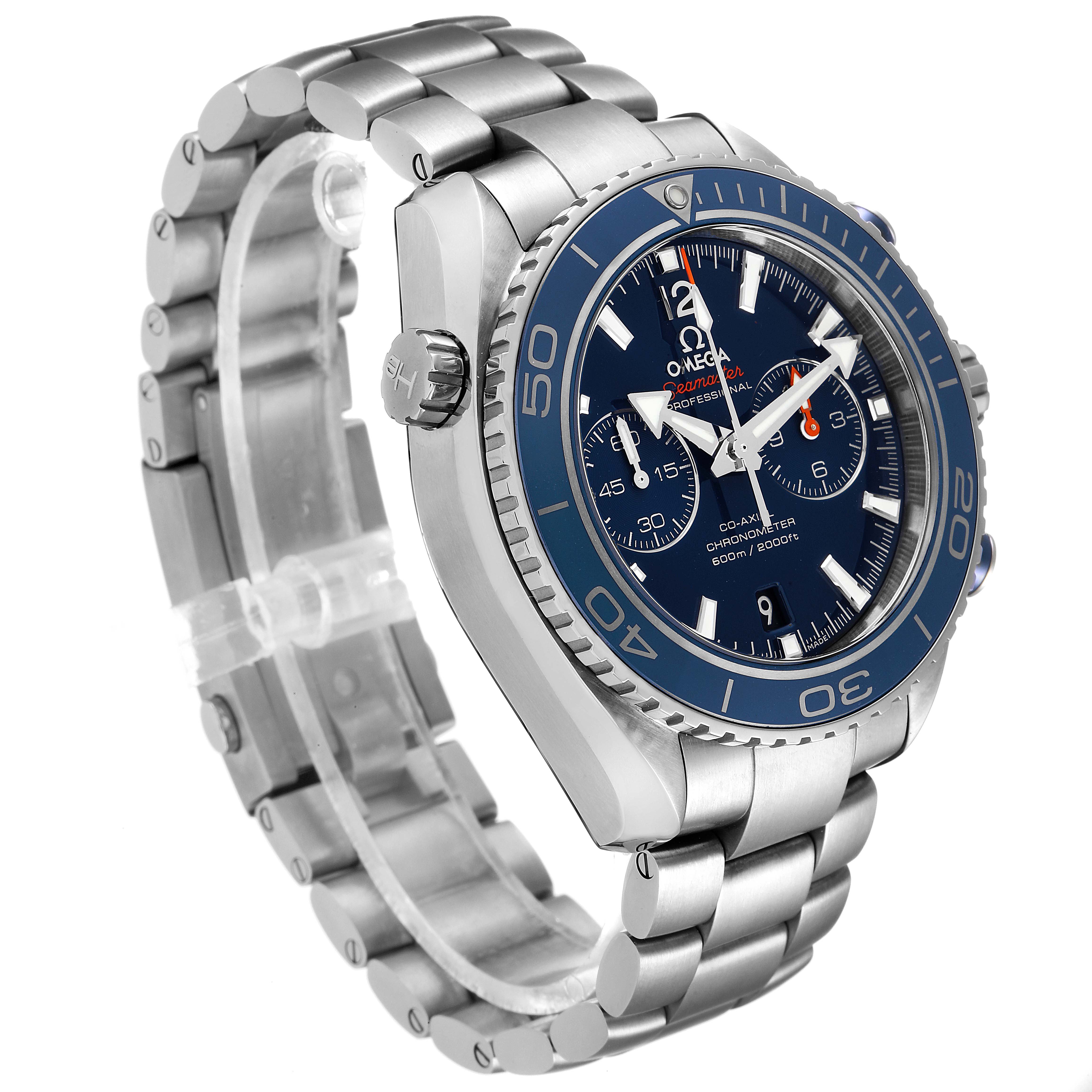 The image shows an Omega Planet Ocean 232.90.46.51.03.001 Men's Titanium Blue Dial 232.90.46.51.03.001 Men's Titanium Blue Dial watch at a 3/4 angle, highlighting the bracelet, bezel, and dial.