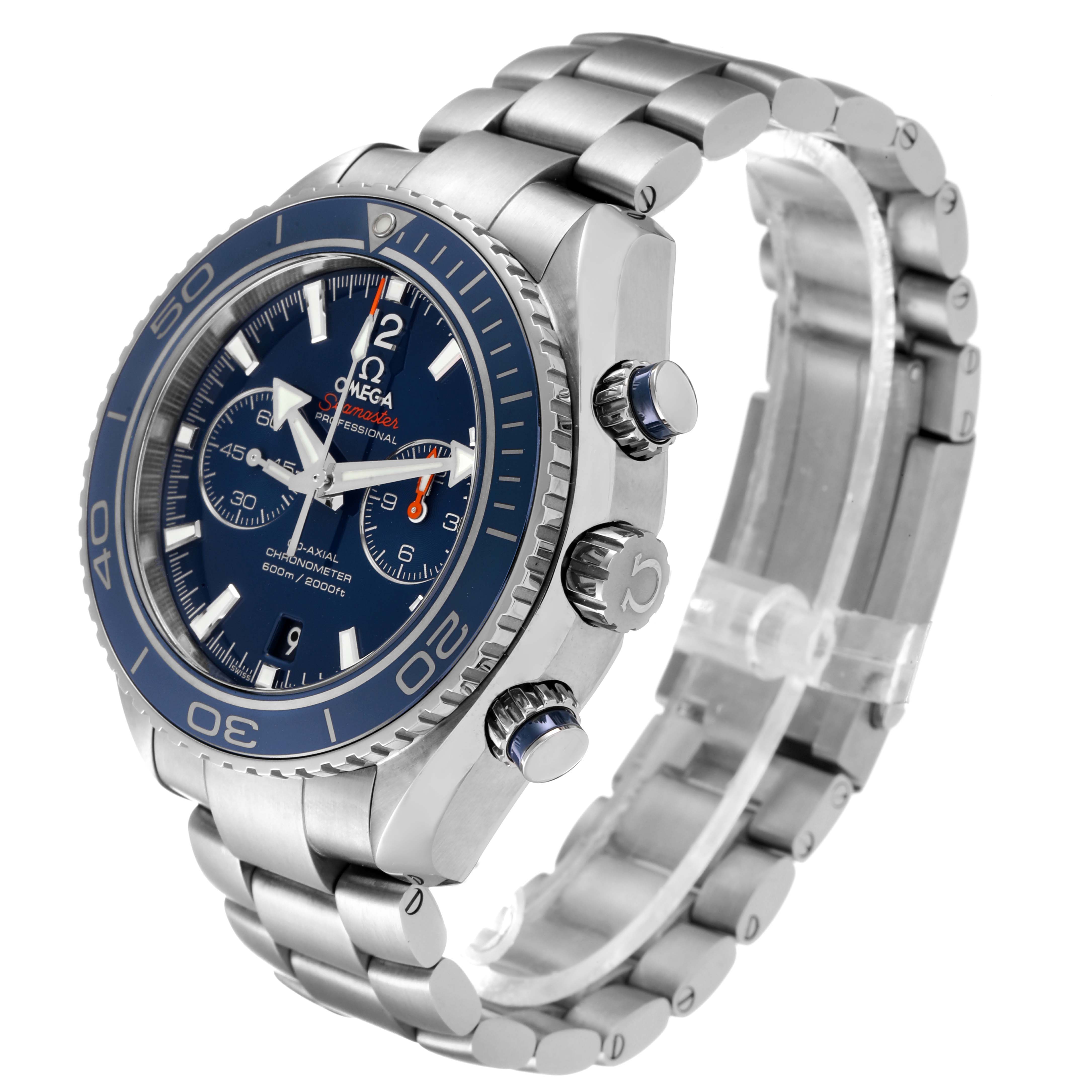 The image shows a side and front angle of the Omega Planet Ocean 232.90.46.51.03.001 Men's Titanium Blue Dial 232.90.46.51.03.001 Men's Titanium Blue Dial watch, highlighting its face, bezel, crown, and bracelet.