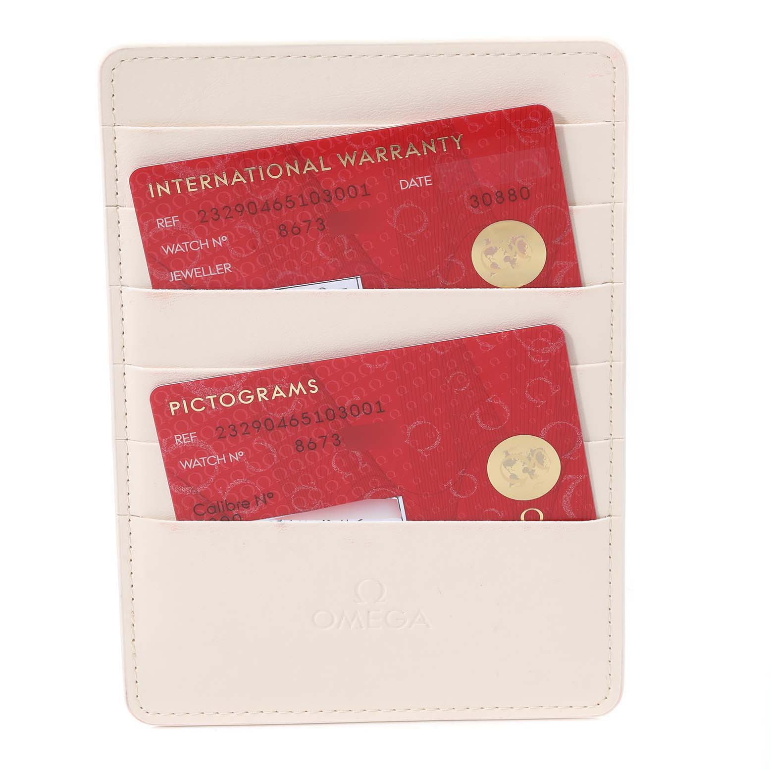 The image shows the international warranty and pictograms cards for the Omega Planet Ocean 232.90.46.51.03.001 Men's Titanium Blue Dial 232.90.46.51.03.001 Men's Titanium Blue Dial model in a white cardholder.