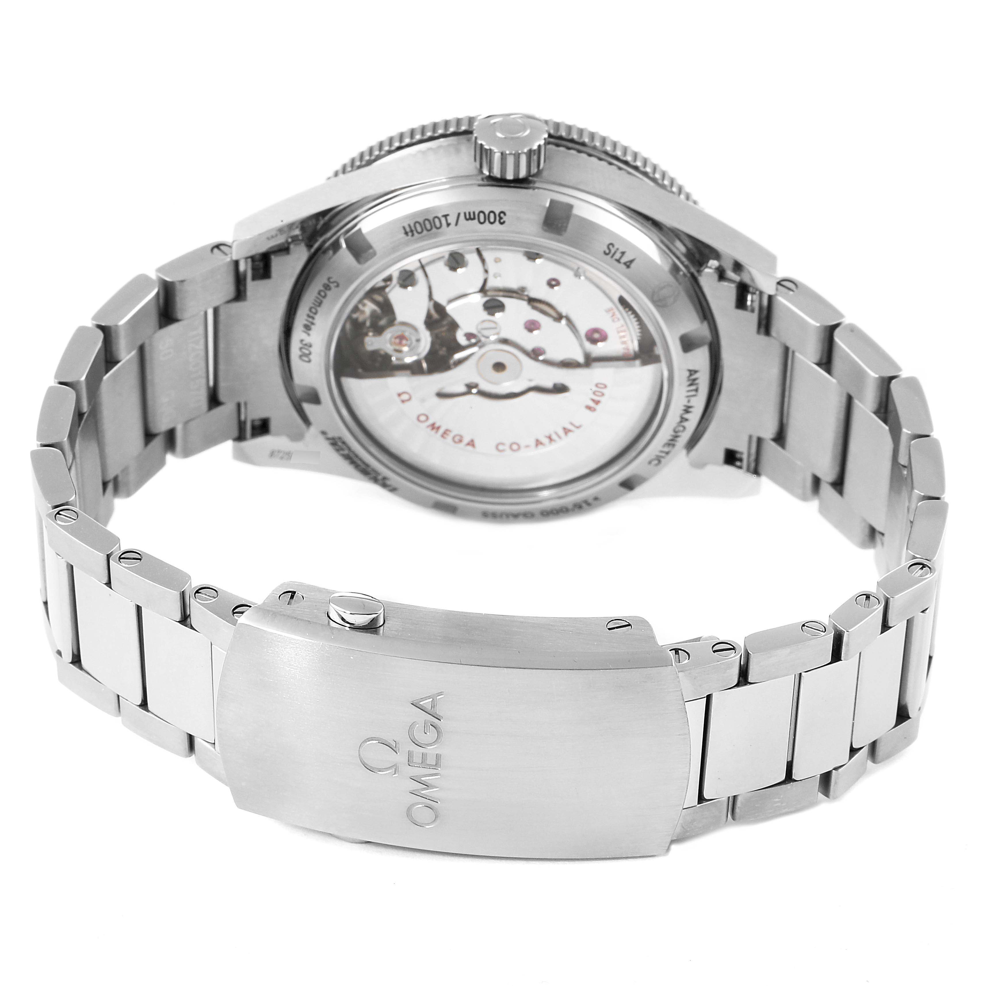 The image shows the back view of the Omega Seamaster 233.90.41.21.03.001 Men's Titanium Blue Dial 233.90.41.21.03.001 Men's Titanium Blue Dial watch, highlighting the clasp, bracelet, and exposed movement.