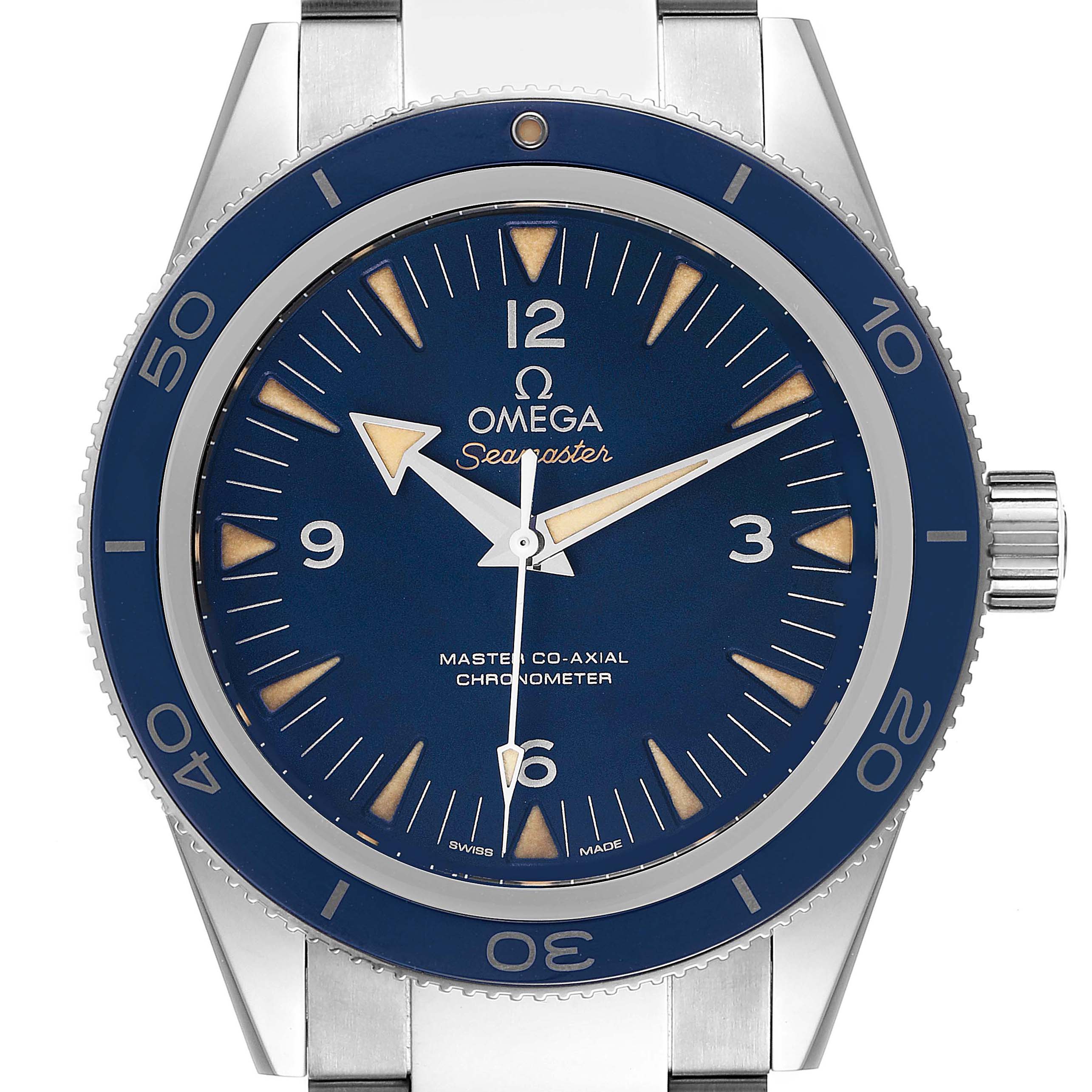 This image shows a close-up of the Omega Seamaster 233.90.41.21.03.001 Men's Titanium Blue Dial 233.90.41.21.03.001 Men's Titanium Blue Dial watch face and bezel, with visible lugs at the top and bottom.