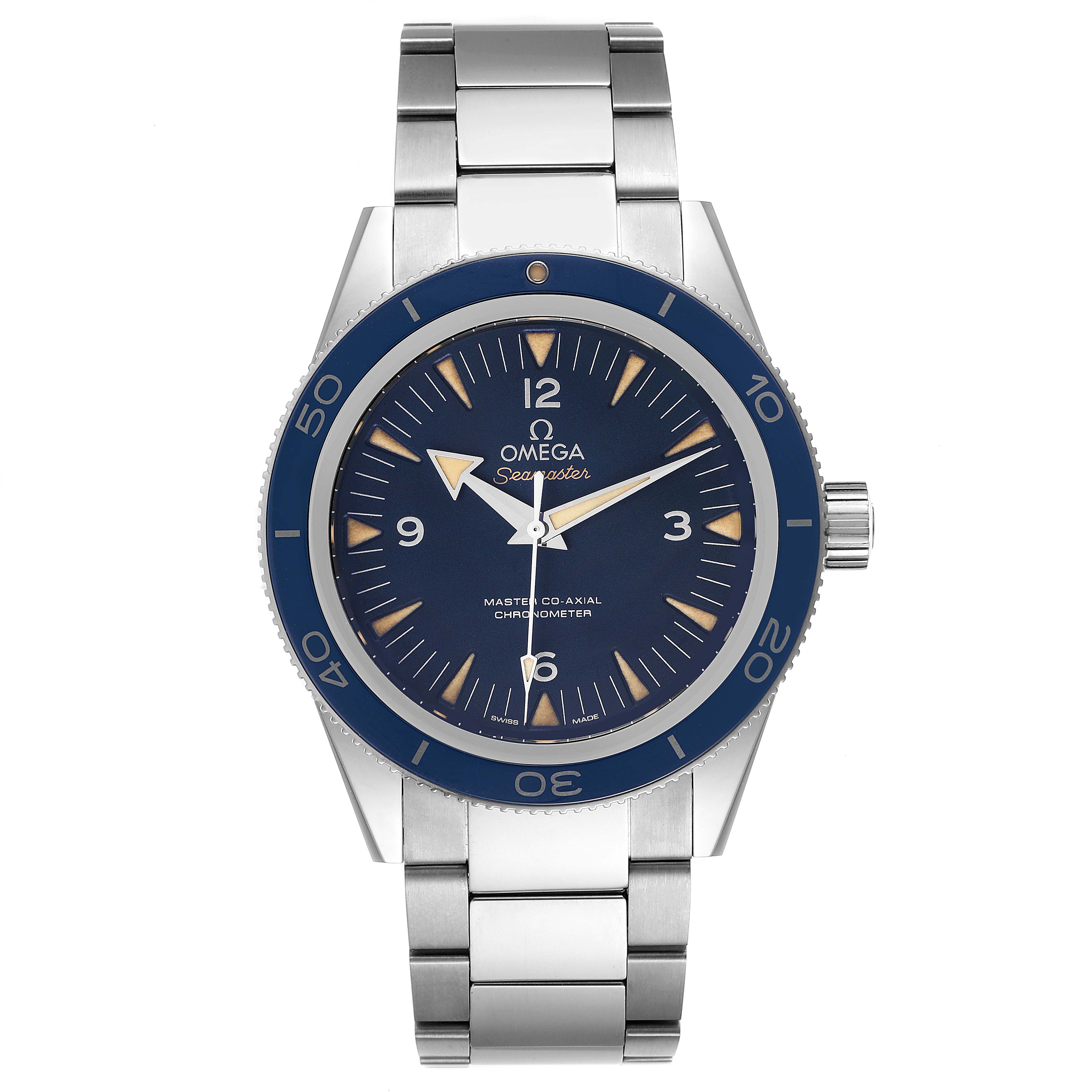 The image shows a front view of an Omega Seamaster 233.90.41.21.03.001 Men's Titanium Blue Dial 233.90.41.21.03.001 Men's Titanium Blue Dial watch, displaying its face, bezel, and stainless steel bracelet.