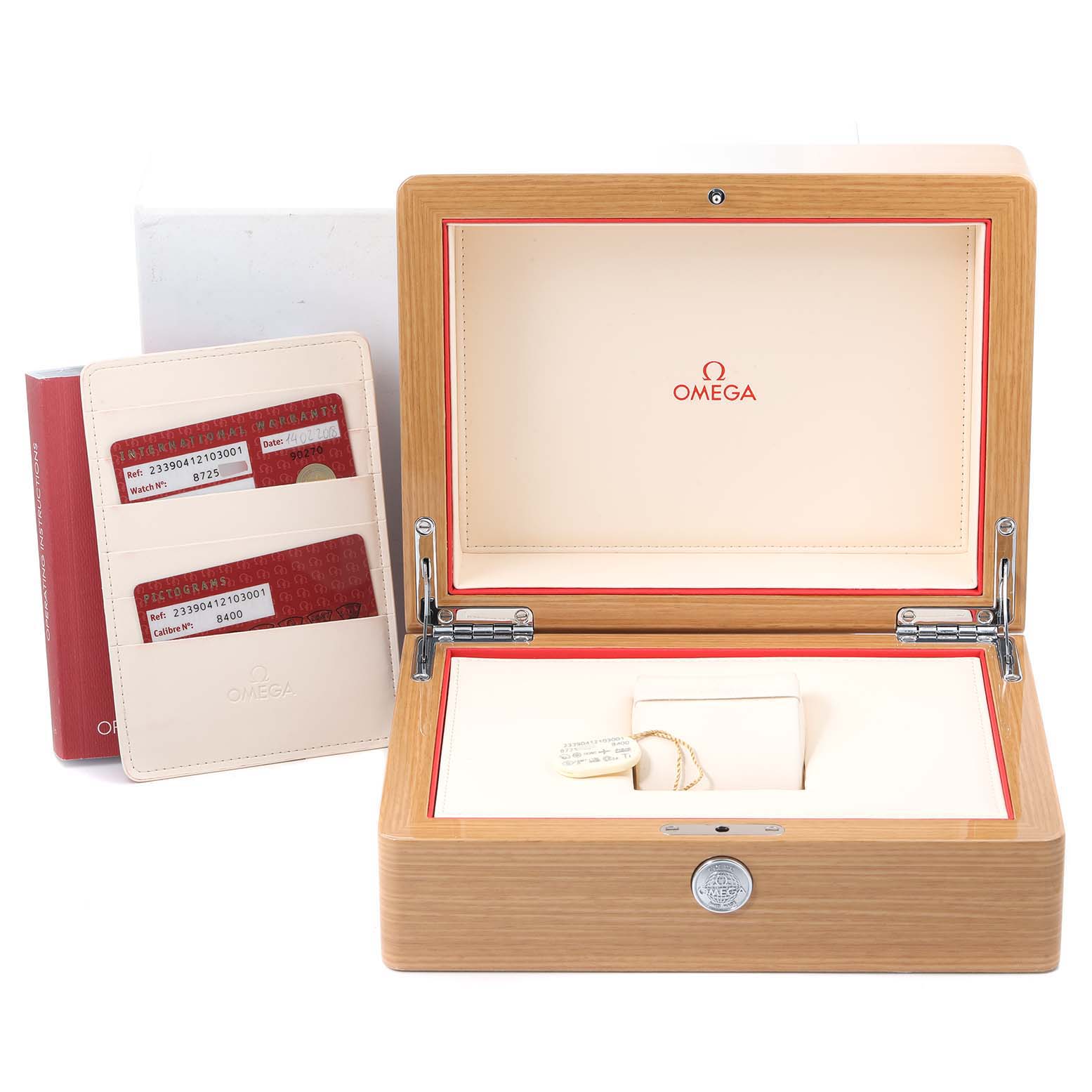 The image shows an Omega Seamaster 233.90.41.21.03.001 Men's Titanium Blue Dial 233.90.41.21.03.001 Men's Titanium Blue Dial watch box and warranty cards taken from a front angle.