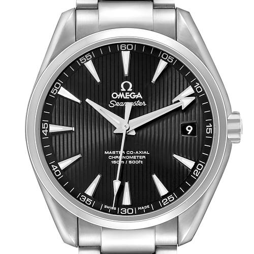 This image shows a frontal view of the Omega Aqua Terra 231.10.42.21.01.003 Men's Stainless Steel Black Dial watch, highlighting the dial, hands, hour markers, and metal bracelet.