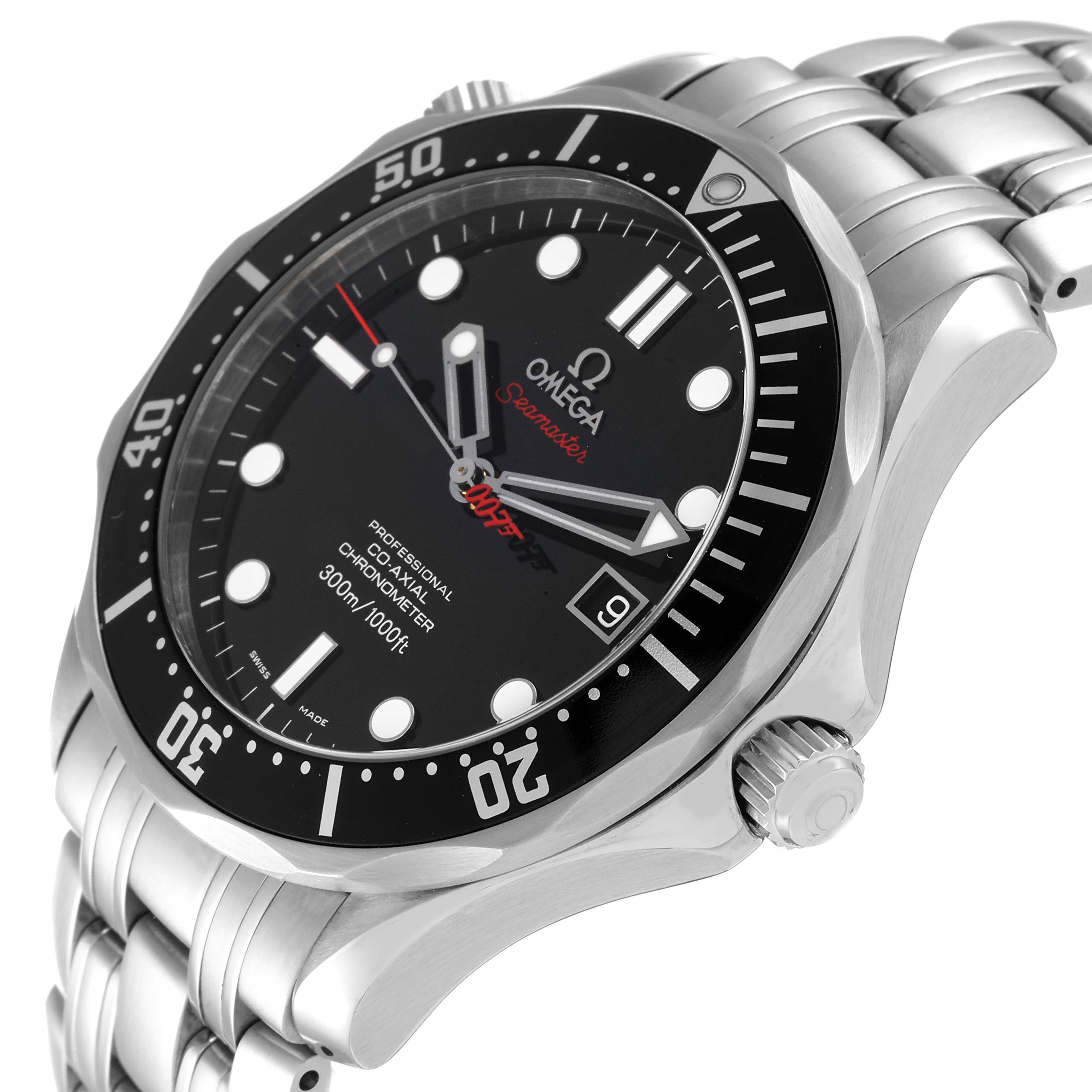 The Omega Seamaster 212.30.41.20.01.001 Men's Stainless Steel Black Dial 212.30.41.20.01.001 Men's Stainless Steel Black Dial watch is shown at an angle, displaying the dial, bezel, crown, and part of the bracelet.