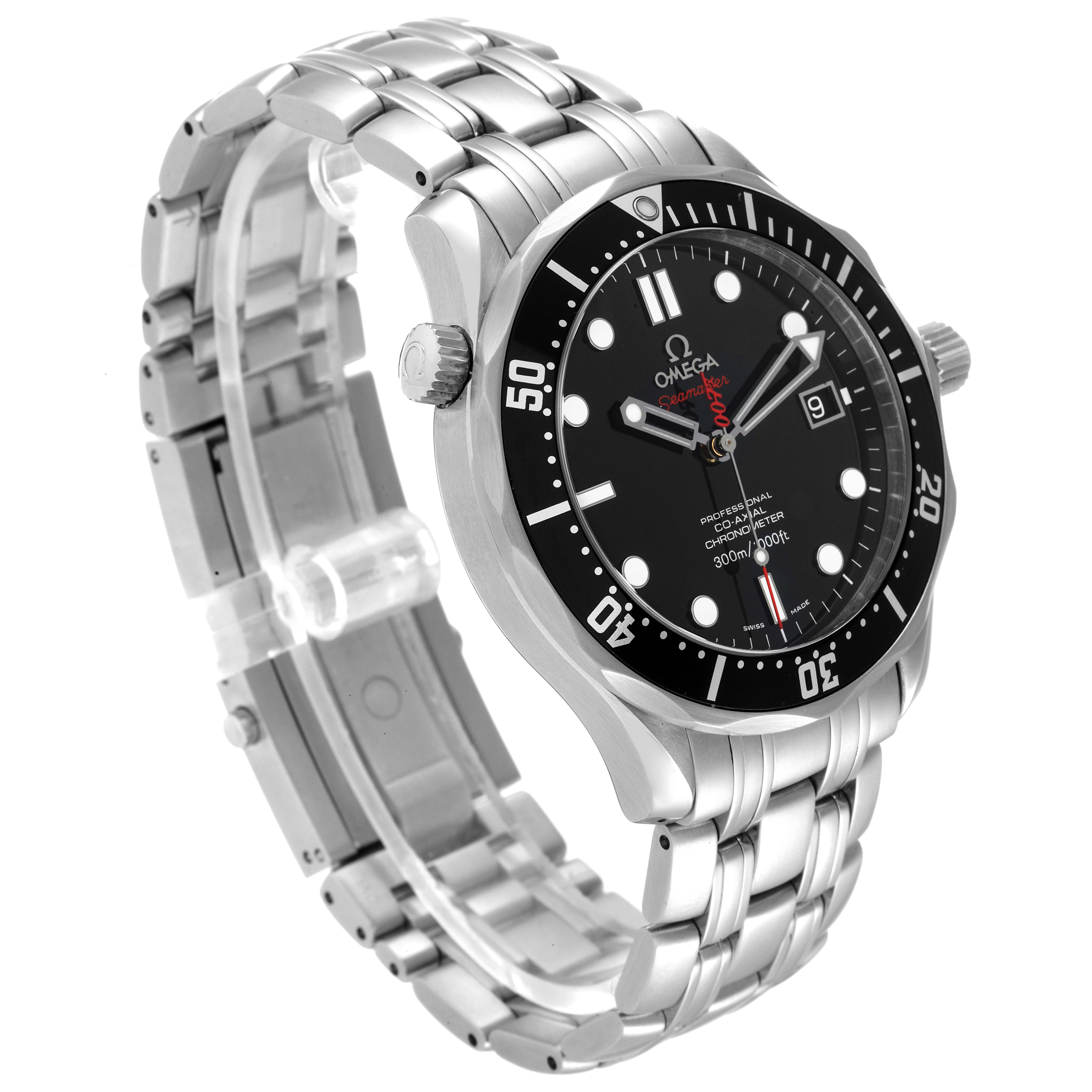 The Omega Seamaster 212.30.41.20.01.001 Men's Stainless Steel Black Dial 212.30.41.20.01.001 Men's Stainless Steel Black Dial watch is angled to show the face, band, bezel, and crown prominently.