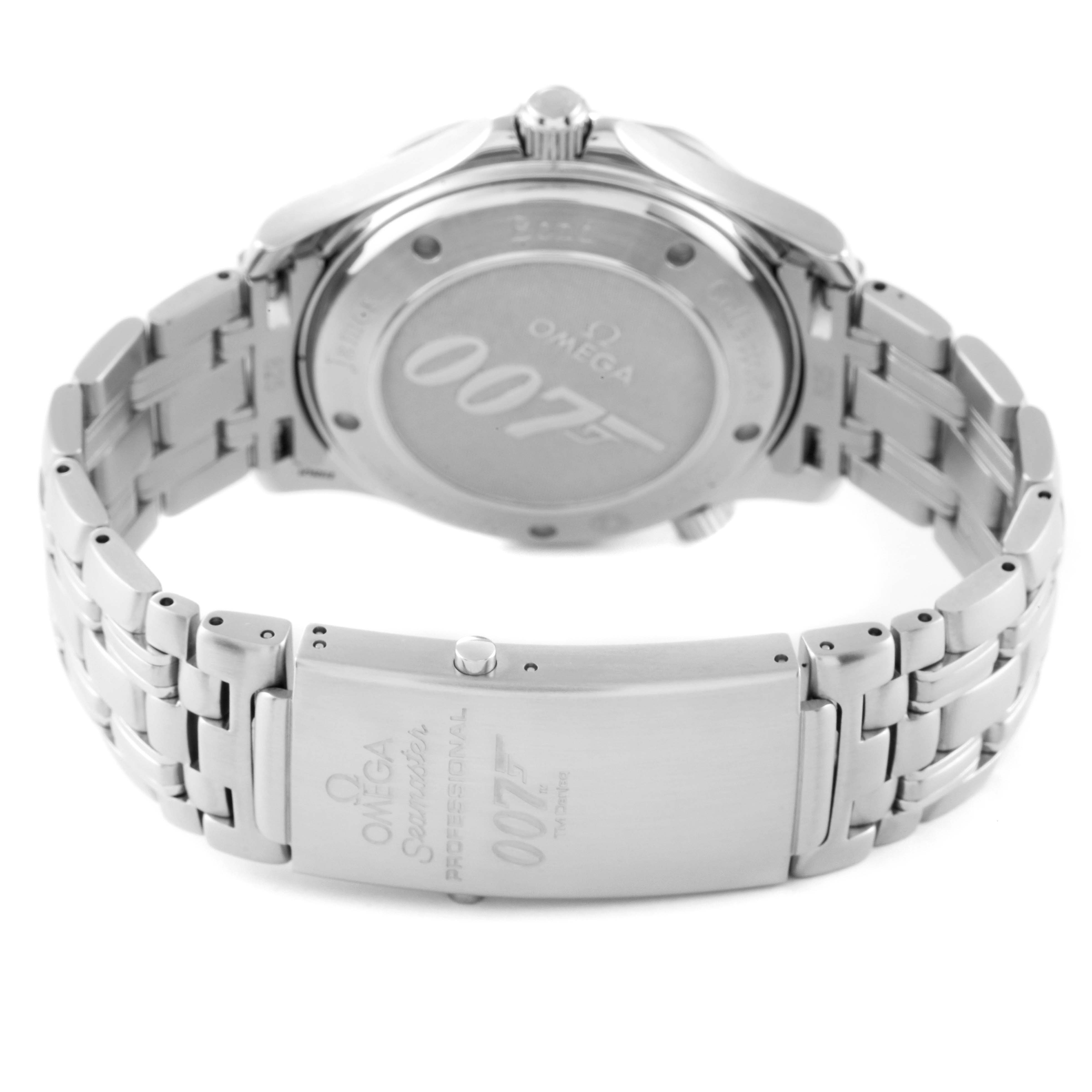 The image shows the back view of an Omega Seamaster 212.30.41.20.01.001 Men's Stainless Steel Black Dial 212.30.41.20.01.001 Men's Stainless Steel Black Dial watch, highlighting the case back and bracelet with the "007" engraving.