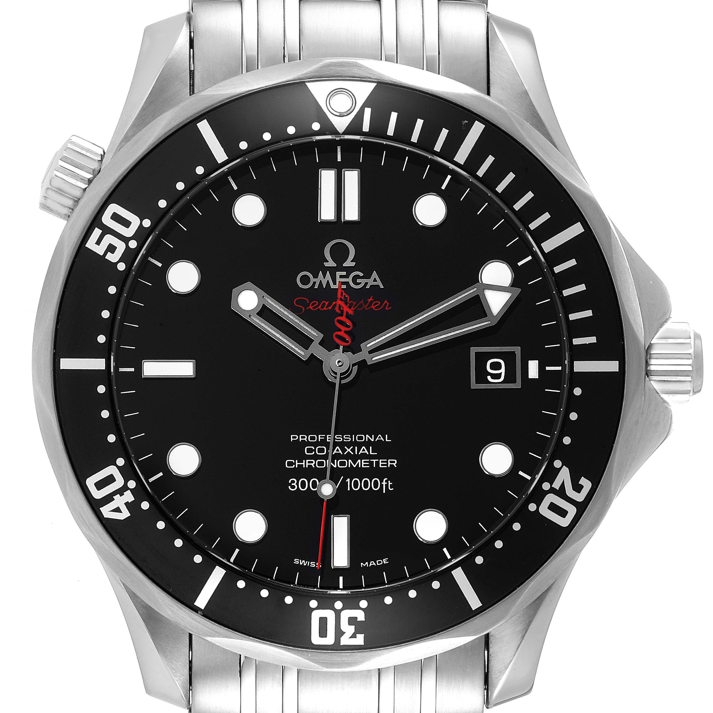 The image shows a front view of the Omega Seamaster 212.30.41.20.01.001 Men's Stainless Steel Black Dial 212.30.41.20.01.001 Men's Stainless Steel Black Dial watch, highlighting its black dial, date window, and stainless steel bracelet.
