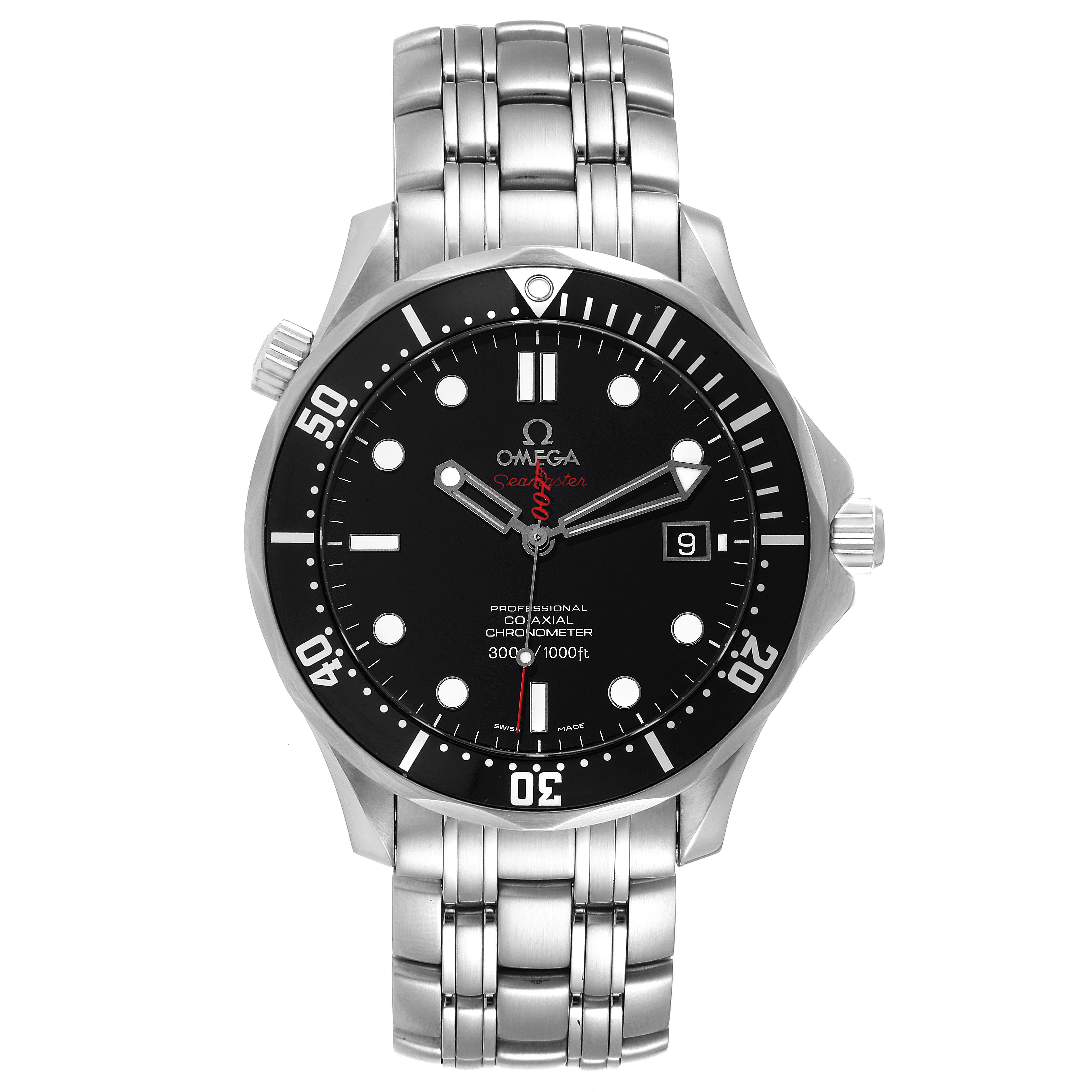 This image shows a front view of an Omega Seamaster 212.30.41.20.01.001 Men's Stainless Steel Black Dial 212.30.41.20.01.001 Men's Stainless Steel Black Dial watch featuring its black dial, bezel, bracelet, and date display.