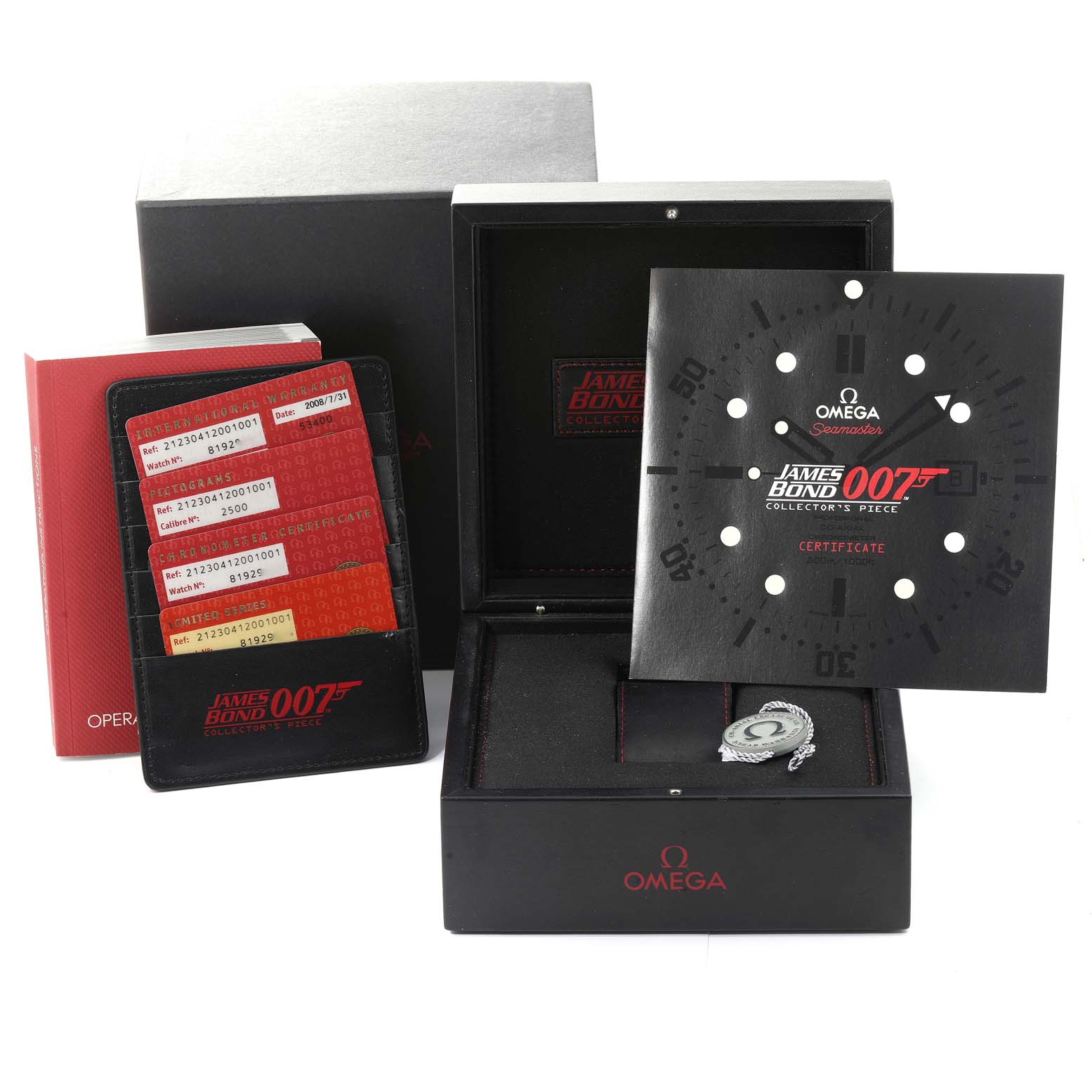 The image shows the packaging, certificates, and box set of the Omega Seamaster 212.30.41.20.01.001 Men's Stainless Steel Black Dial 212.30.41.20.01.001 Men's Stainless Steel Black Dial James Bond 007 Collector's Piece.