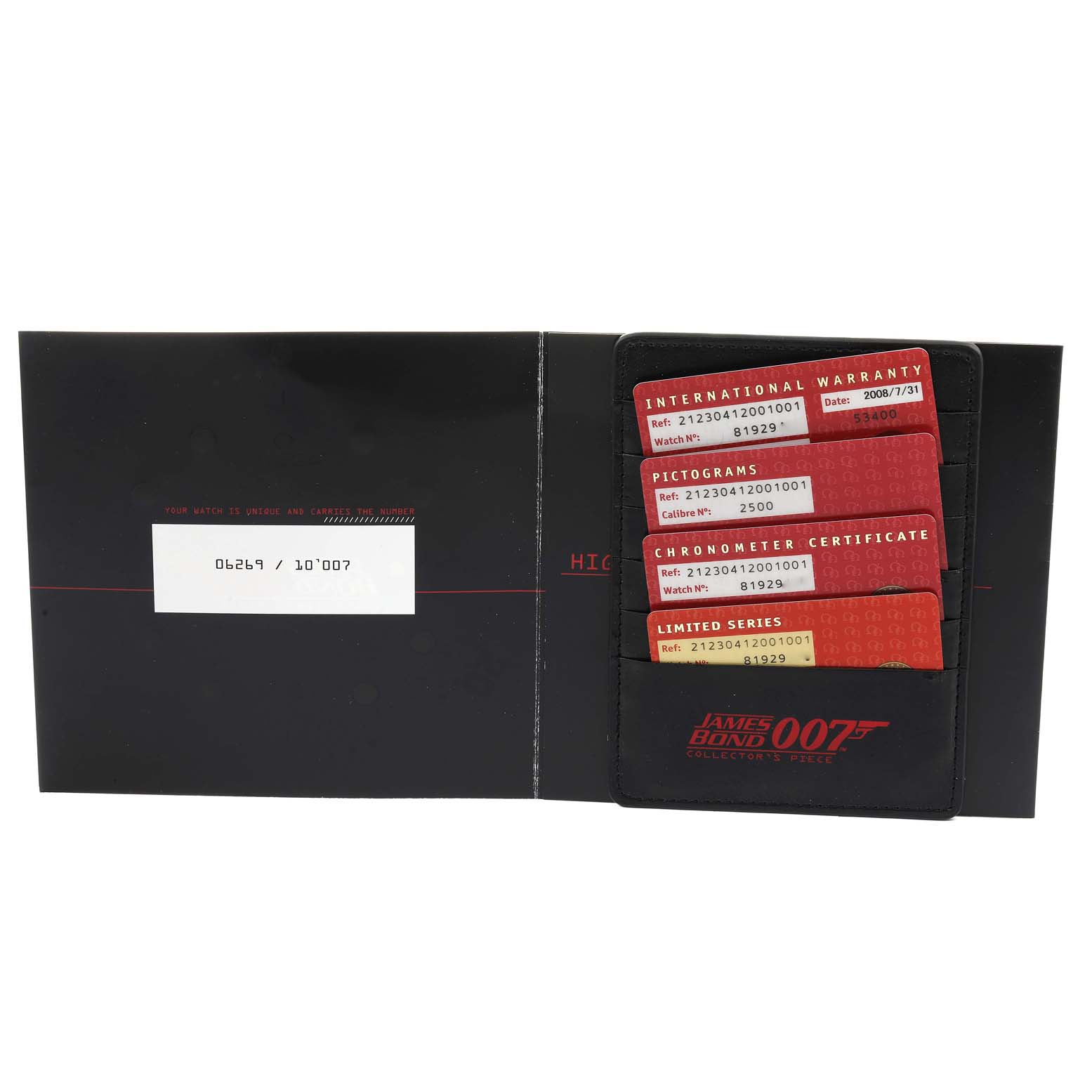 The image shows warranty cards for an Omega Seamaster 212.30.41.20.01.001 Men's Stainless Steel Black Dial 212.30.41.20.01.001 Men's Stainless Steel Black Dial watch, including international warranty, pictograms, chronometer certificate, and limited series details.